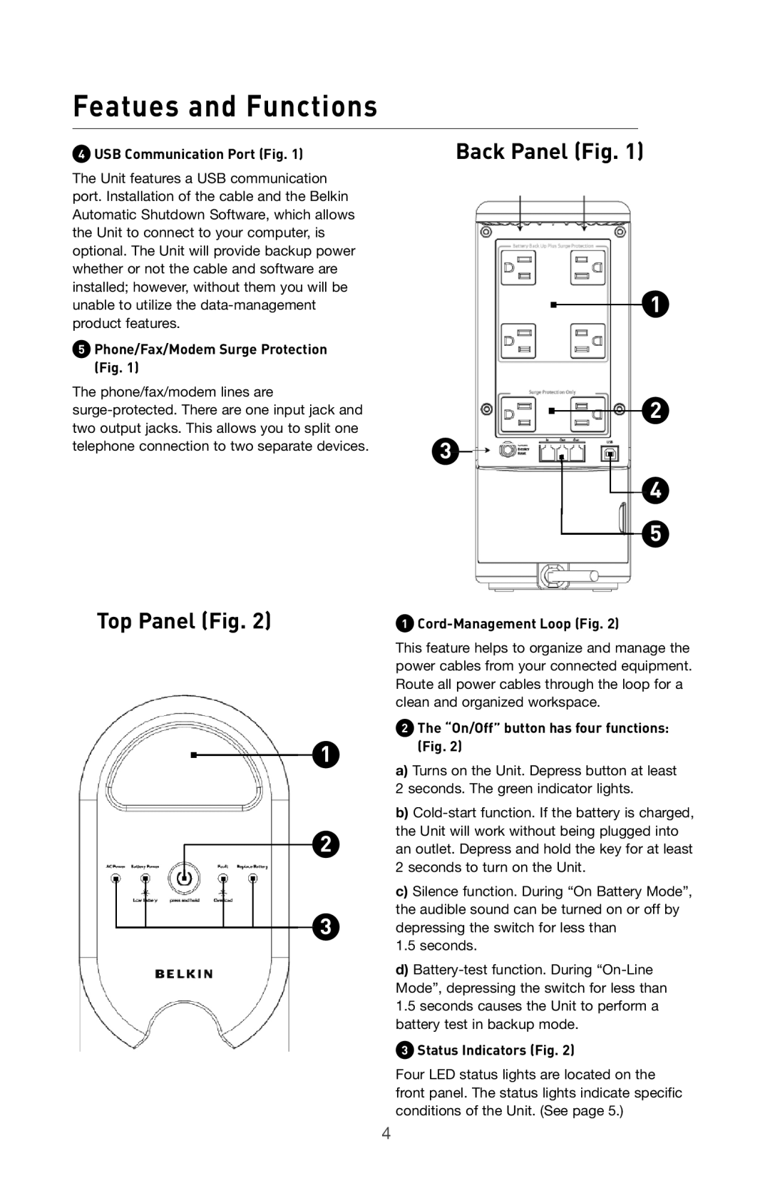 Belkin BU305500-USB user manual Featues and Functions, Back Panel Fig Top Panel Fig 