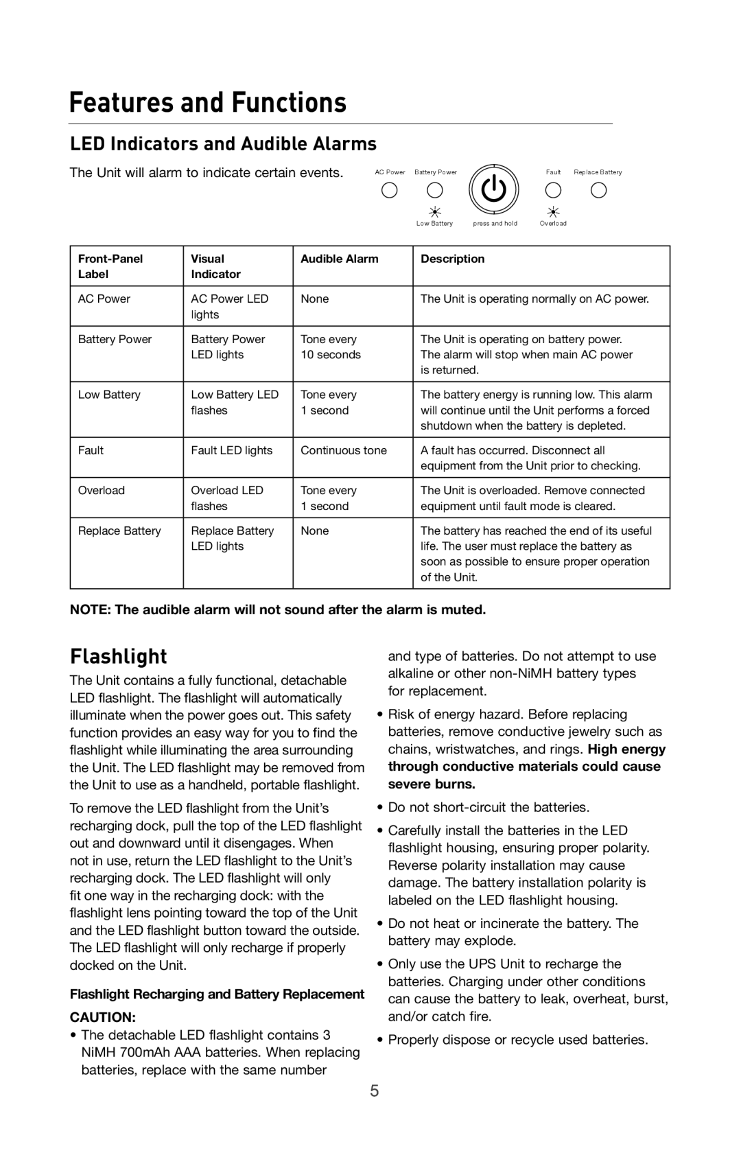 Belkin BU305500-USB user manual Flashlight, LED Indicators and Audible Alarms 