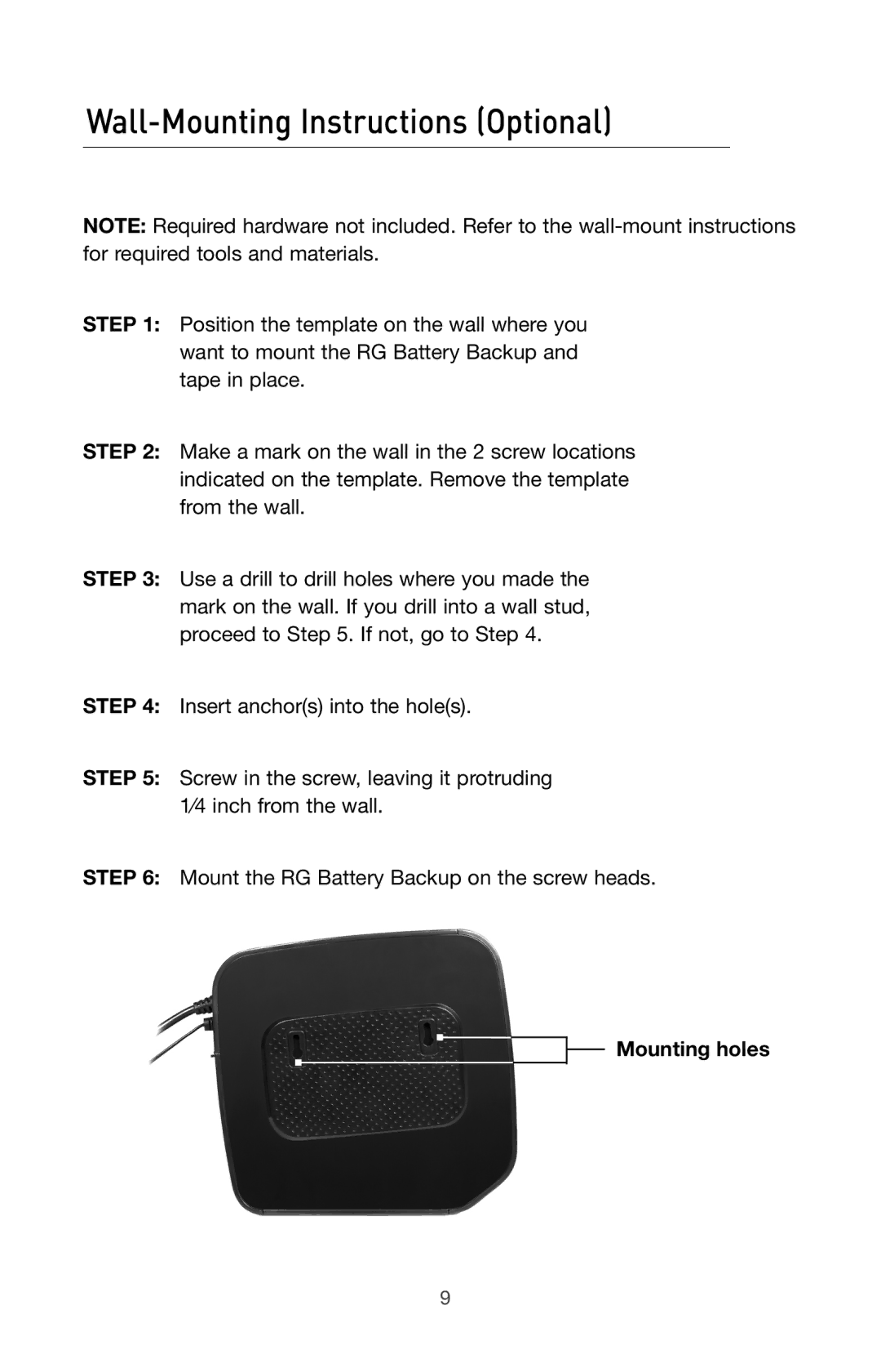 Belkin BU3DC000-12V user manual Wall-Mounting Instructions Optional, Mounting holes 