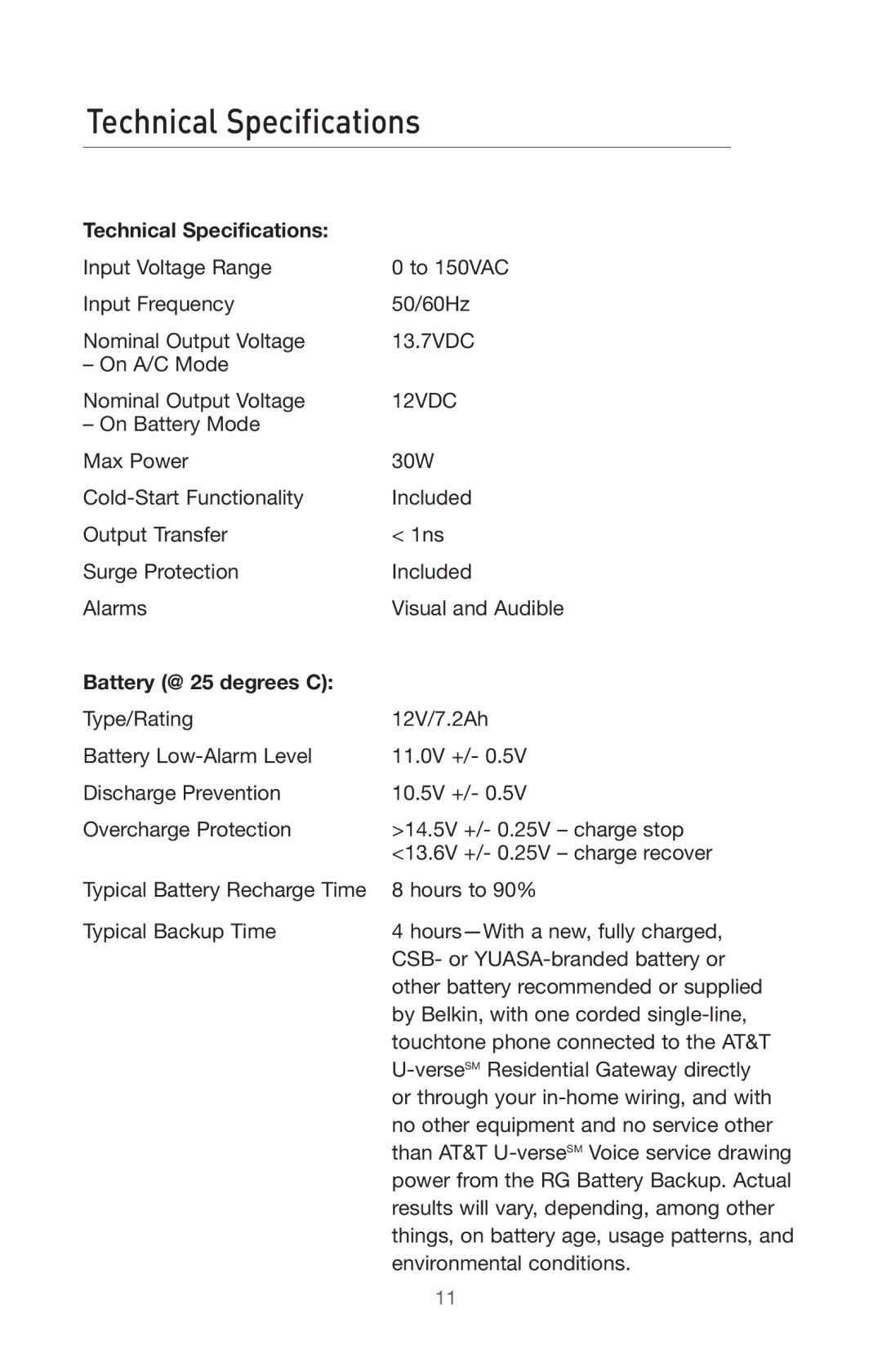 Belkin BU3DC000-12V user manual Technical Specifications, Battery @ 25 degrees C 