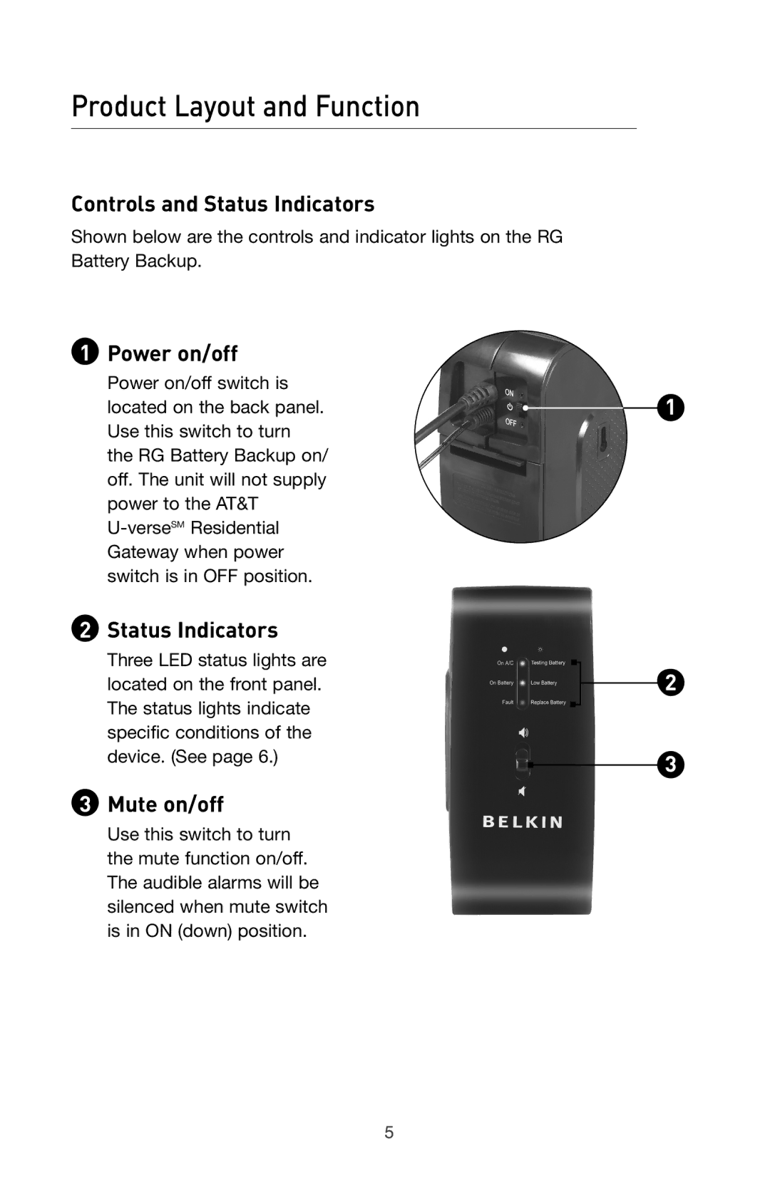 Belkin BU3DC000-12V user manual Product Layout and Function, Controls and Status Indicators, Power on/off, Mute on/off 