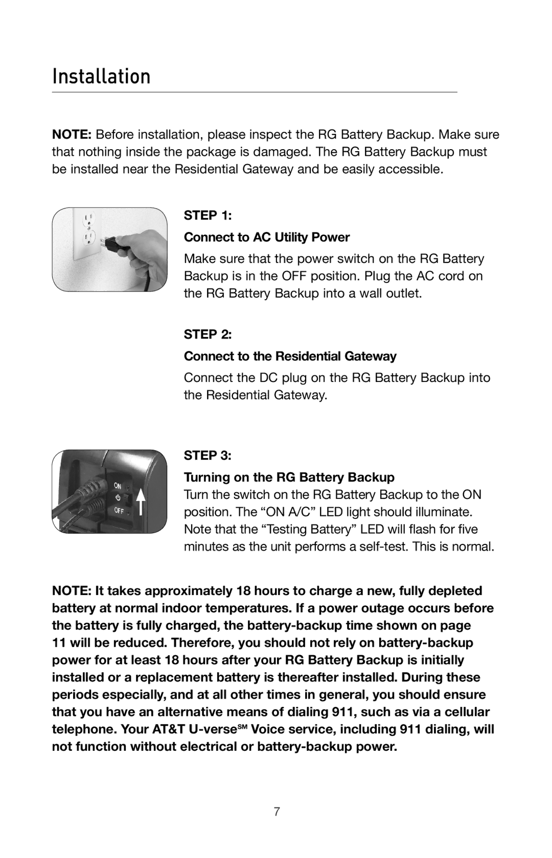 Belkin BU3DC000-12V user manual Installation, Connect to AC Utility Power, Connect to the Residential Gateway 