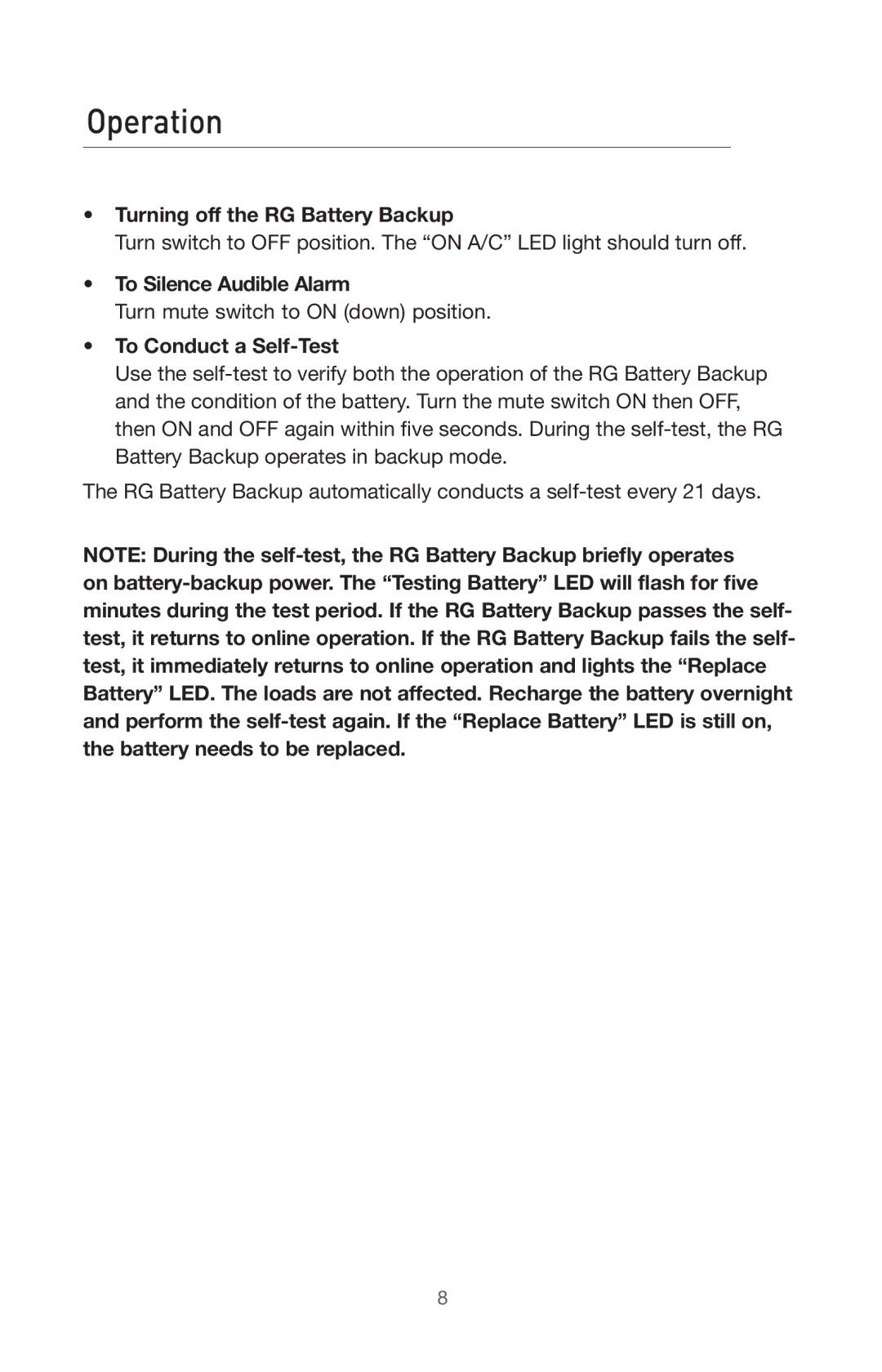 Belkin BU3DC000-12V Operation, Turning off the RG Battery Backup, To Silence Audible Alarm, To Conduct a Self-Test 