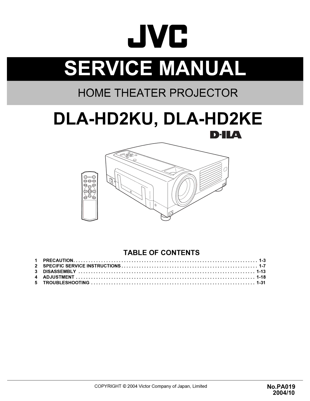 Belkin service manual DLA-HD2KU, DLA-HD2KE, Table of Contents 