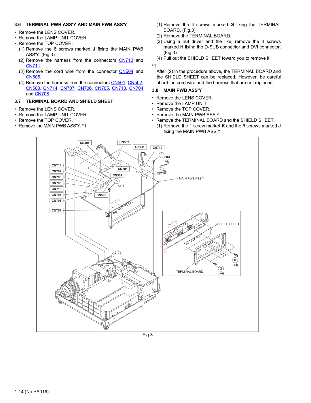 Belkin DLA-HD2KE, DLA-HD2KU service manual Terminal PWB Assy and Main PWB Assy, Terminal Board and Shield Sheet, 14 No.PA019 