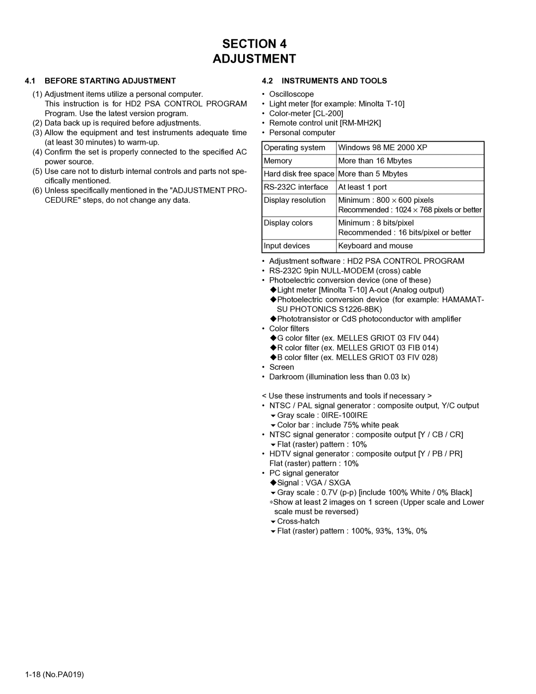 Belkin DLA-HD2KE, DLA-HD2KU service manual Section Adjustment, Before Starting Adjustment, Instruments and Tools 