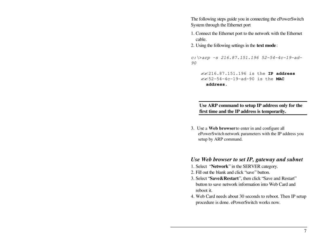 Belkin F1D001 user manual Use Web browser to set IP, gateway and subnet 