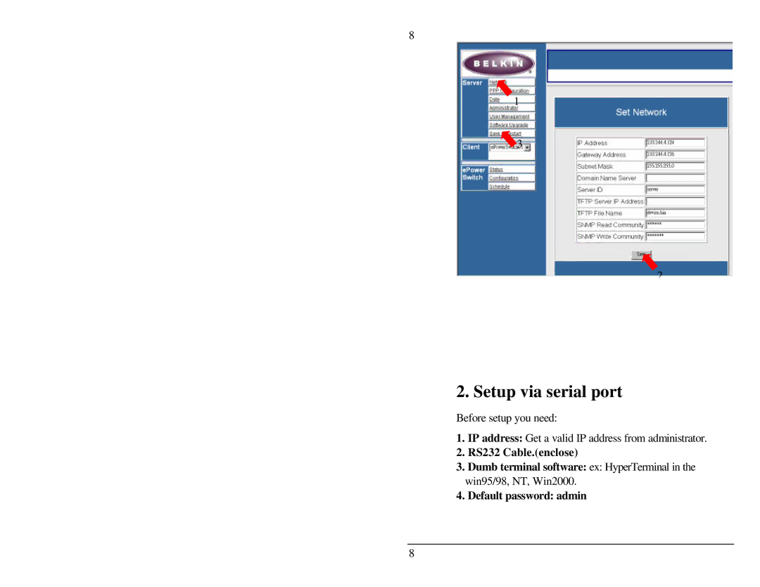 Belkin F1D001 user manual Setup via serial port 