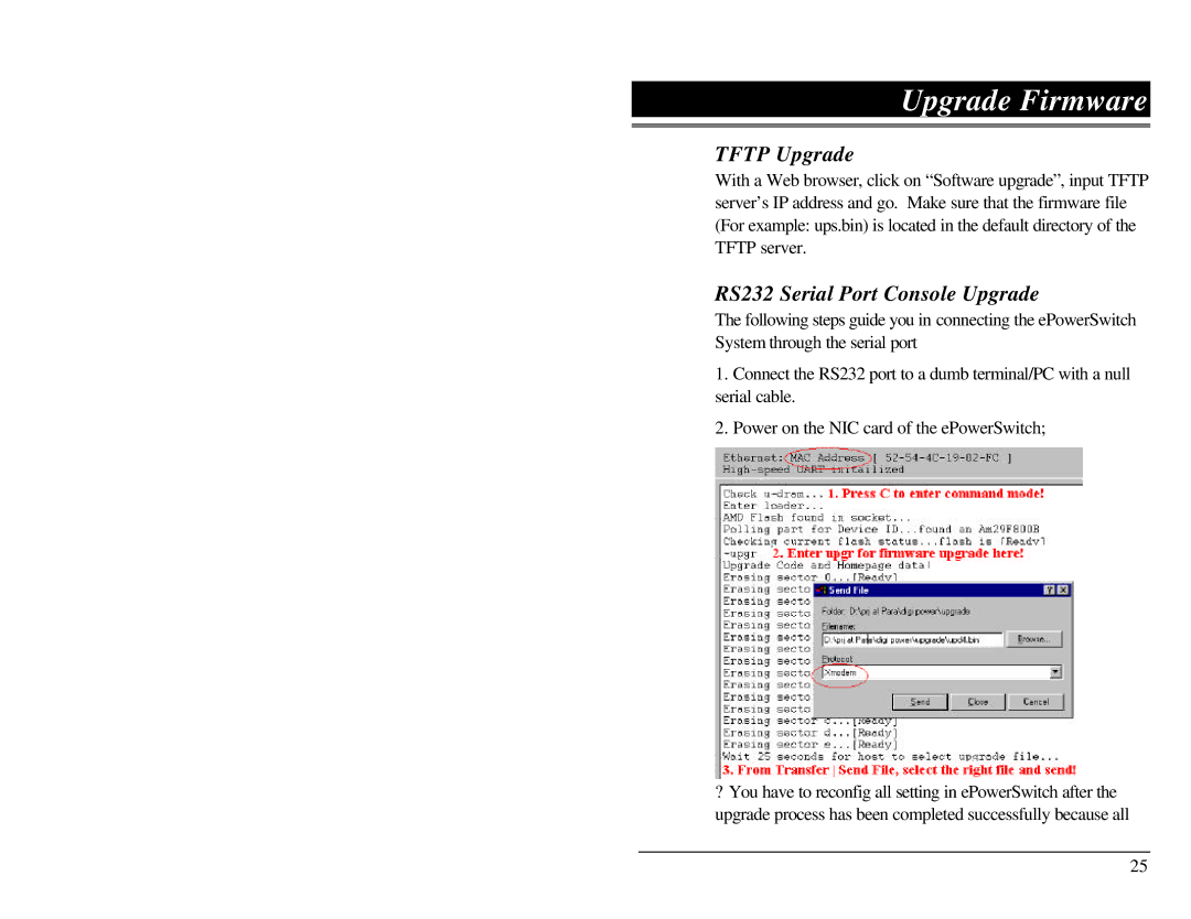 Belkin F1D001 user manual Upgrade Firmware, Tftp Upgrade, RS232 Serial Port Console Upgrade 