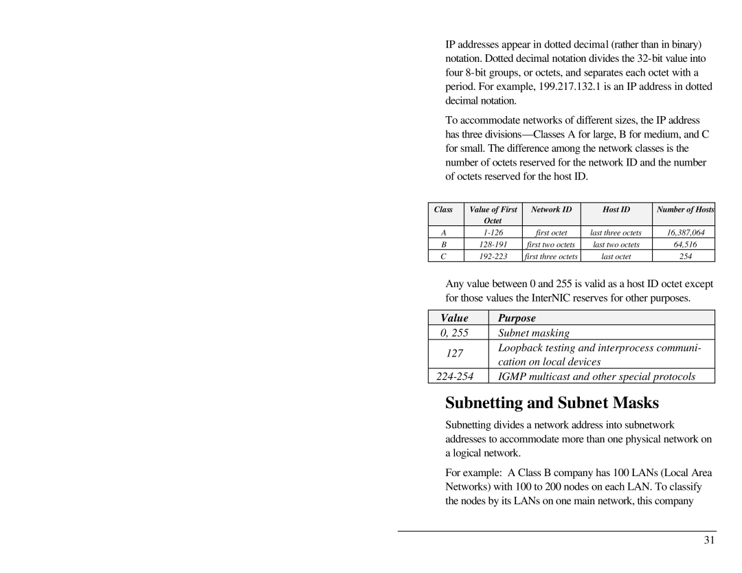 Belkin F1D001 user manual Subnetting and Subnet Masks, Value Purpose Subnet masking 