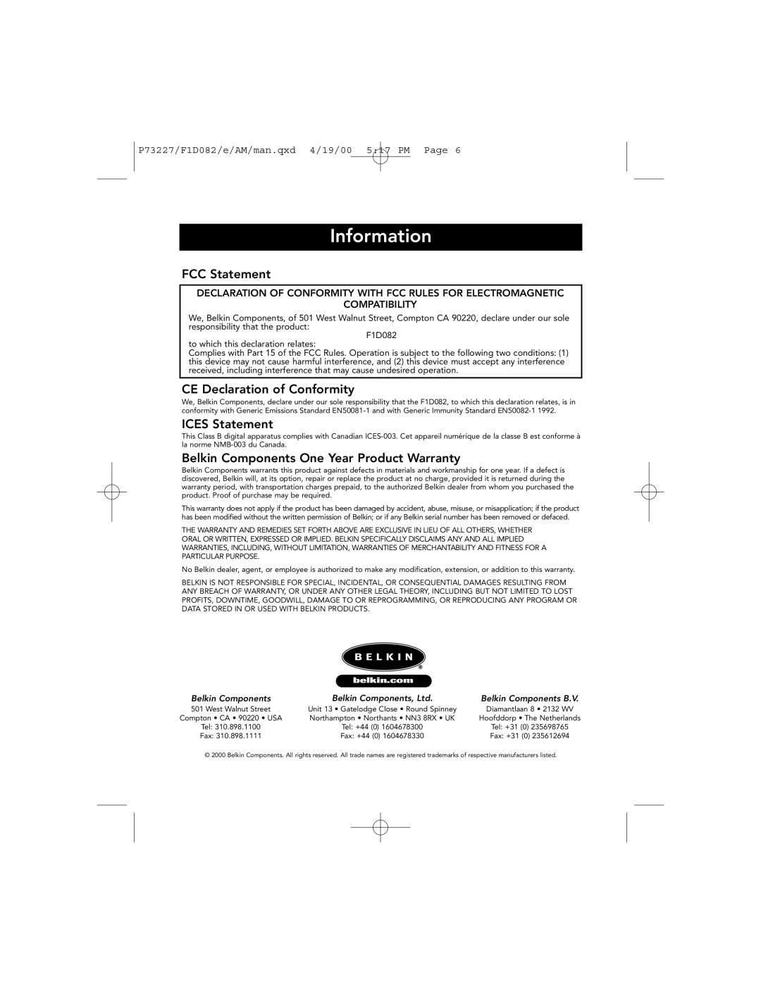 Belkin F1D082 user manual Information, FCC Statement, CE Declaration of Conformity, Ices Statement 