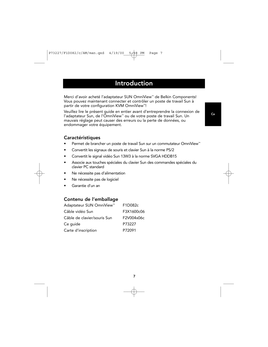 Belkin F1D082 user manual Caractéristiques, Contenu de l’emballage 