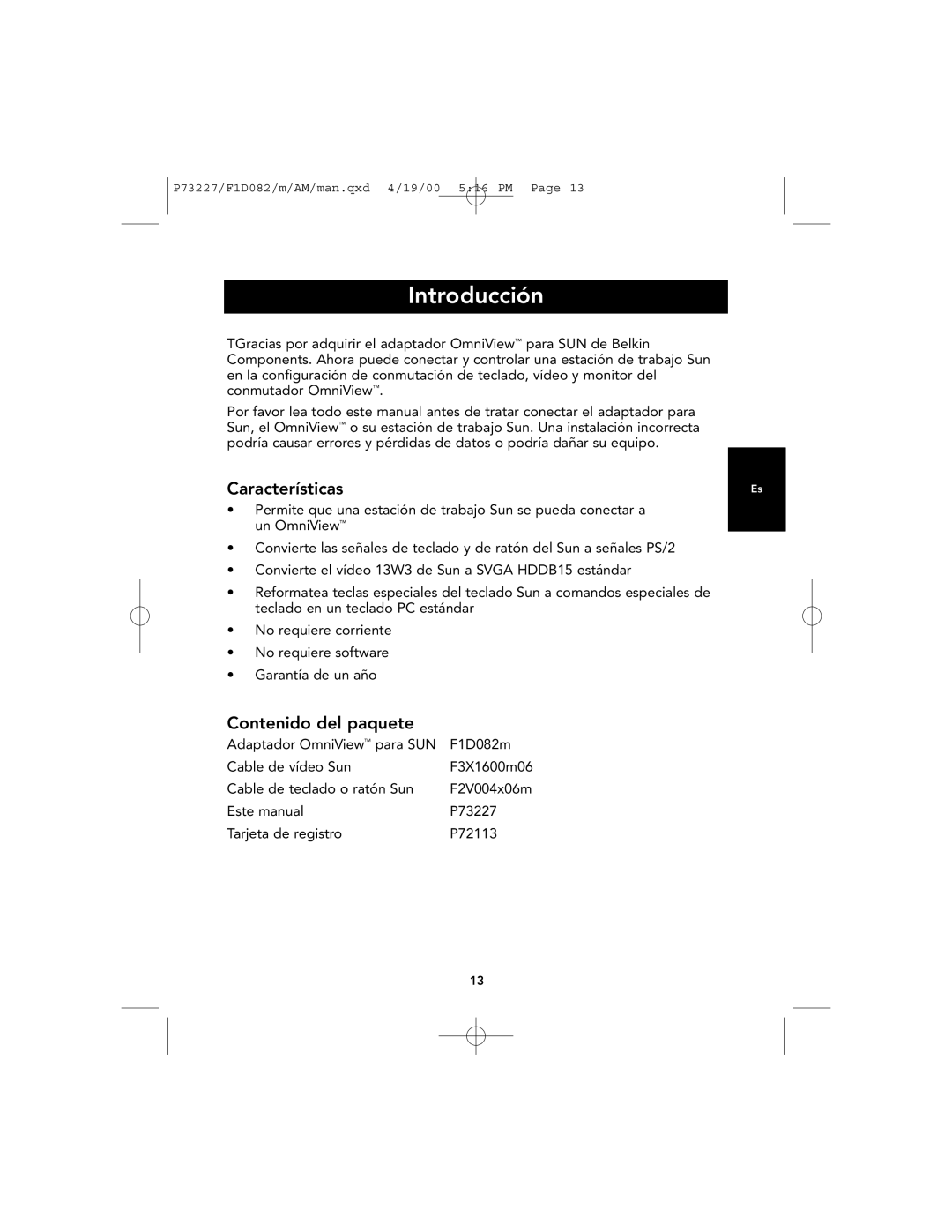 Belkin F1D082 user manual Introducción, Contenido del paquete 