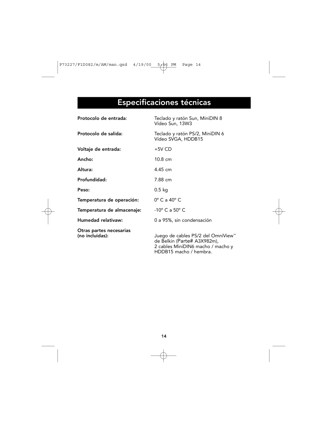 Belkin F1D082 user manual Especificaciones técnicas 