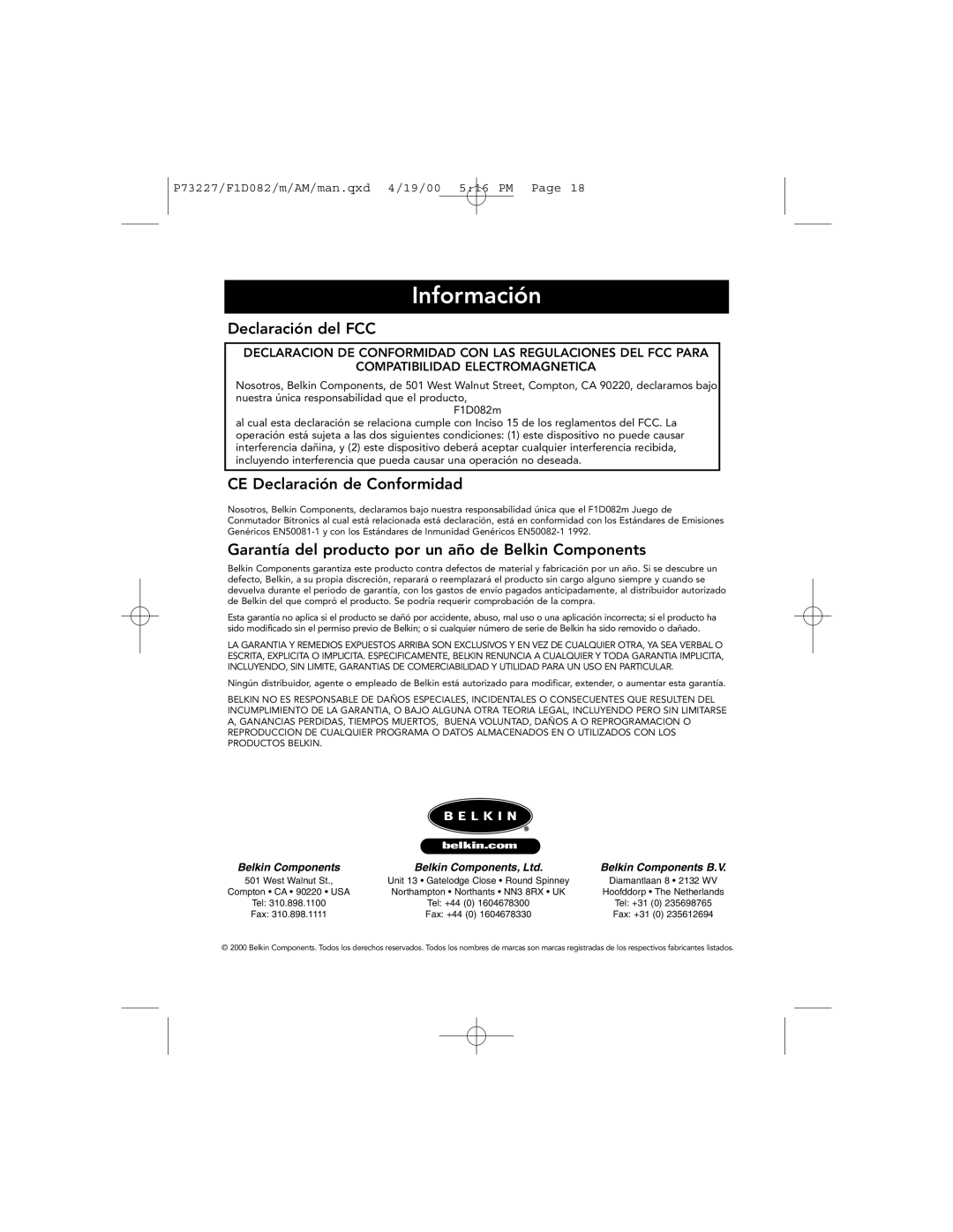 Belkin F1D082 user manual Información, Declaración del FCC, CE Declaración de Conformidad 