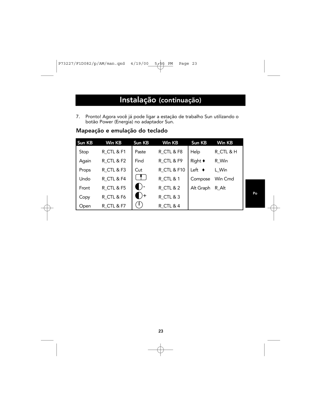 Belkin F1D082 user manual Instalação continuação, Mapeação e emulação do teclado 