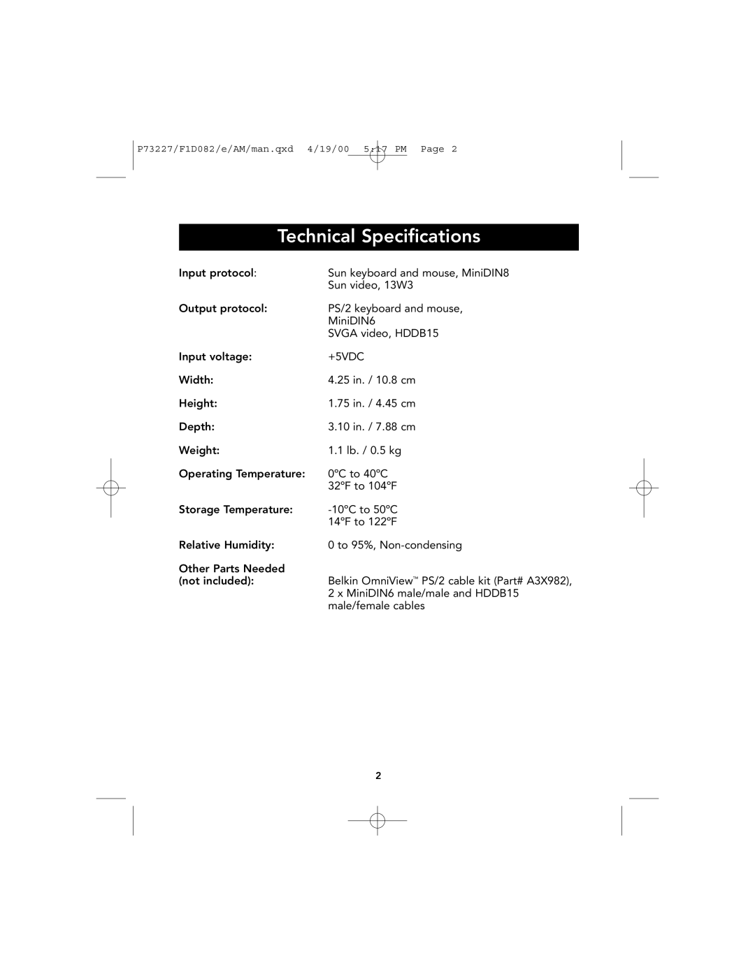 Belkin F1D082 user manual Technical Specifications, +5VDC 