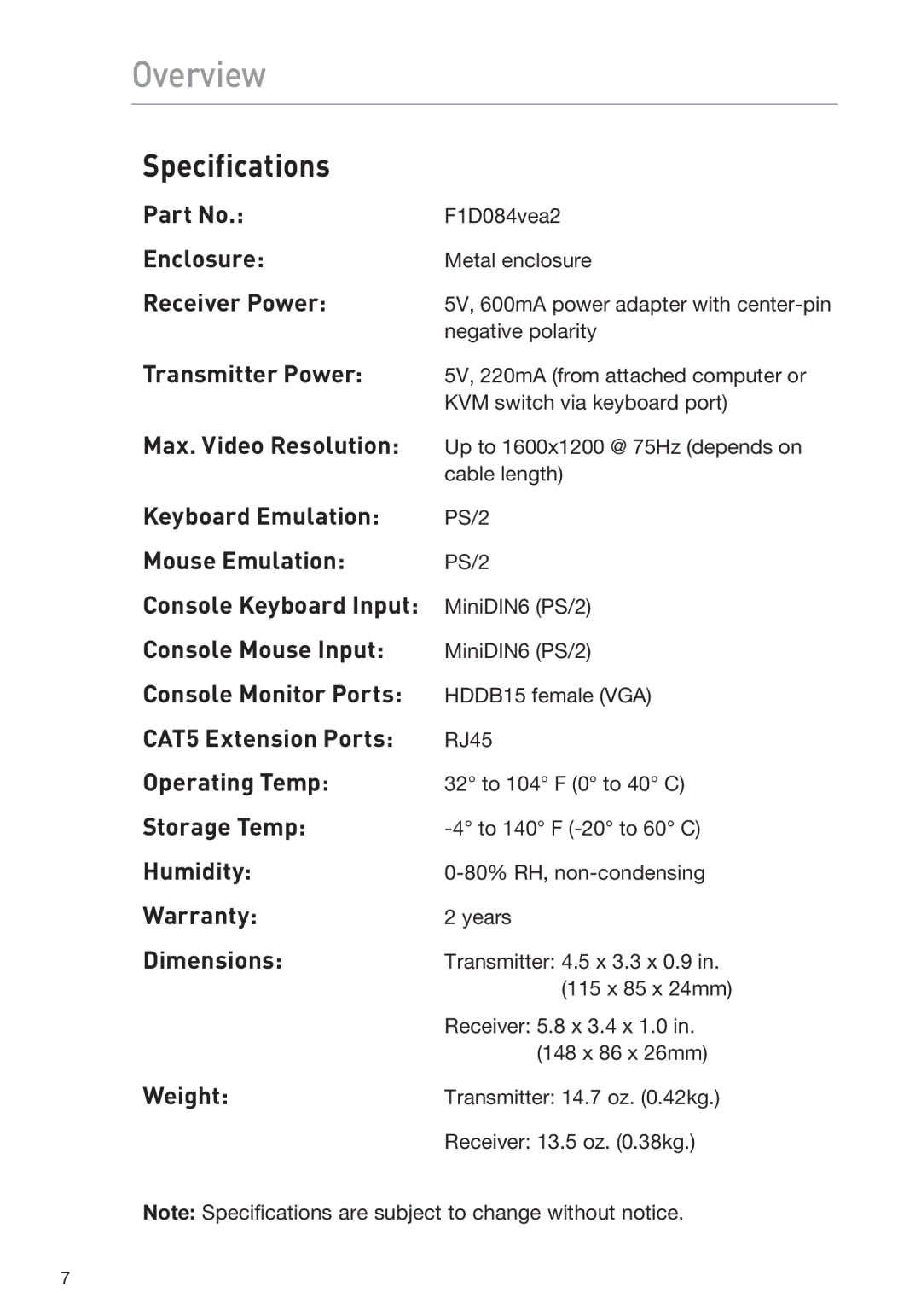 Belkin F1D084vea2 user manual Specifications 