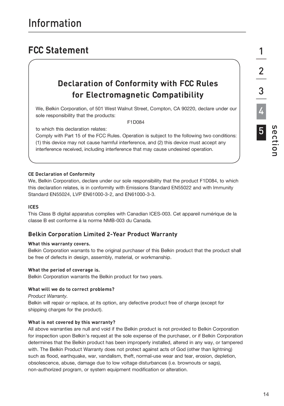 Belkin F1D084vea2 user manual Information, FCC Statement 