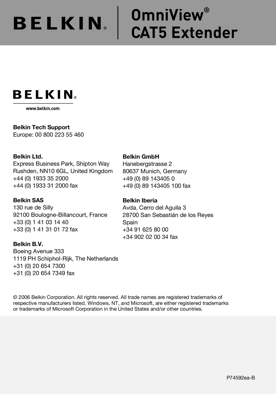 Belkin F1D084vea2 user manual OmniView CAT5 Extender 