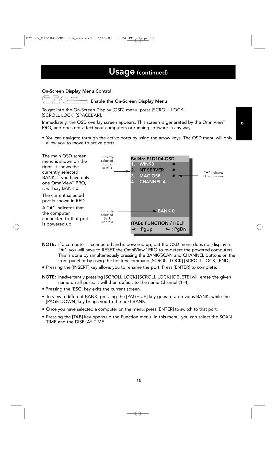 Belkin F1D104-OSD user manual Usage continued, WIN98, Nt Server, MAC OS8, Channel, Bank 