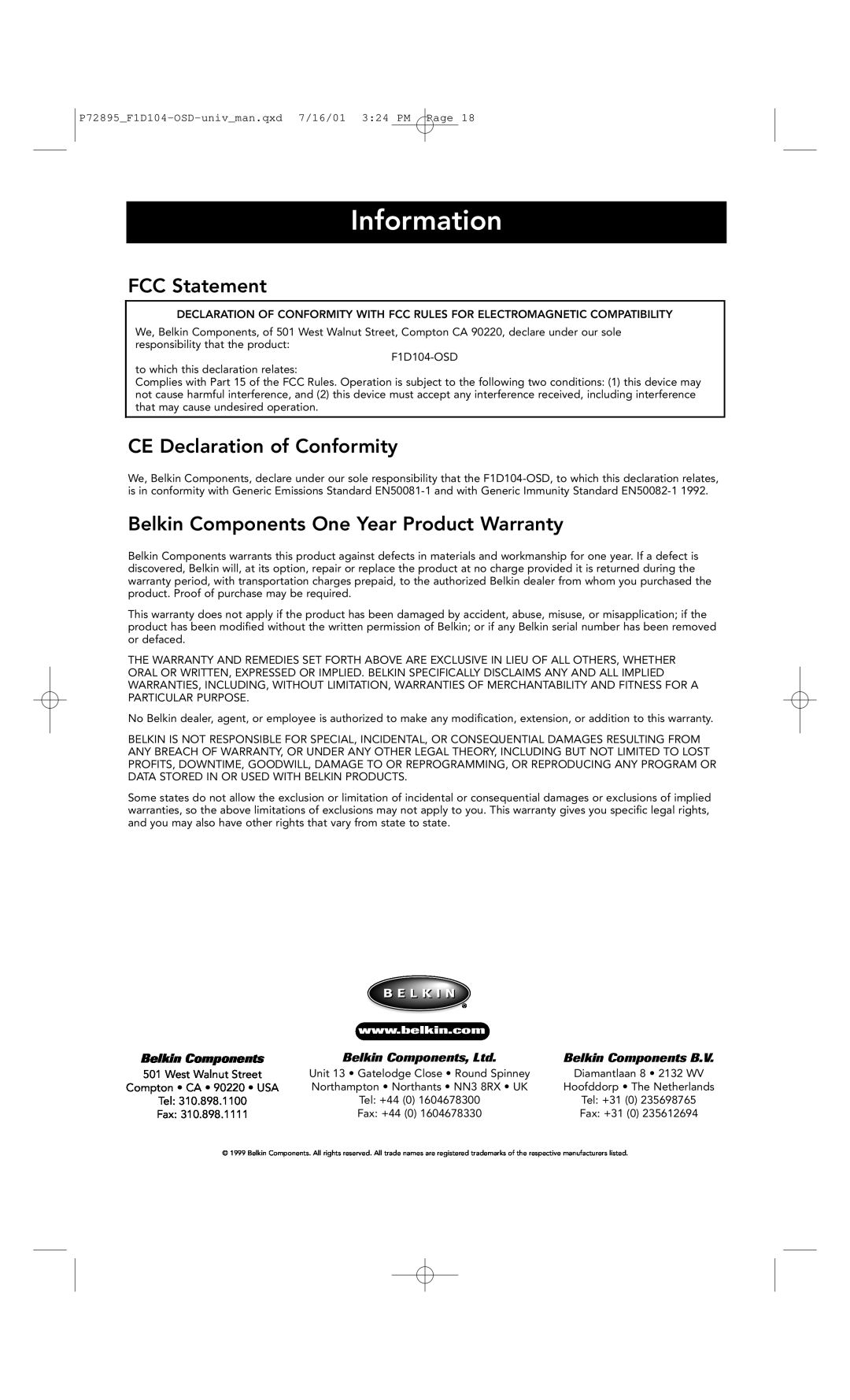 Belkin F1D104-OSD Information, FCC Statement, CE Declaration of Conformity, Belkin Components One Year Product Warranty 