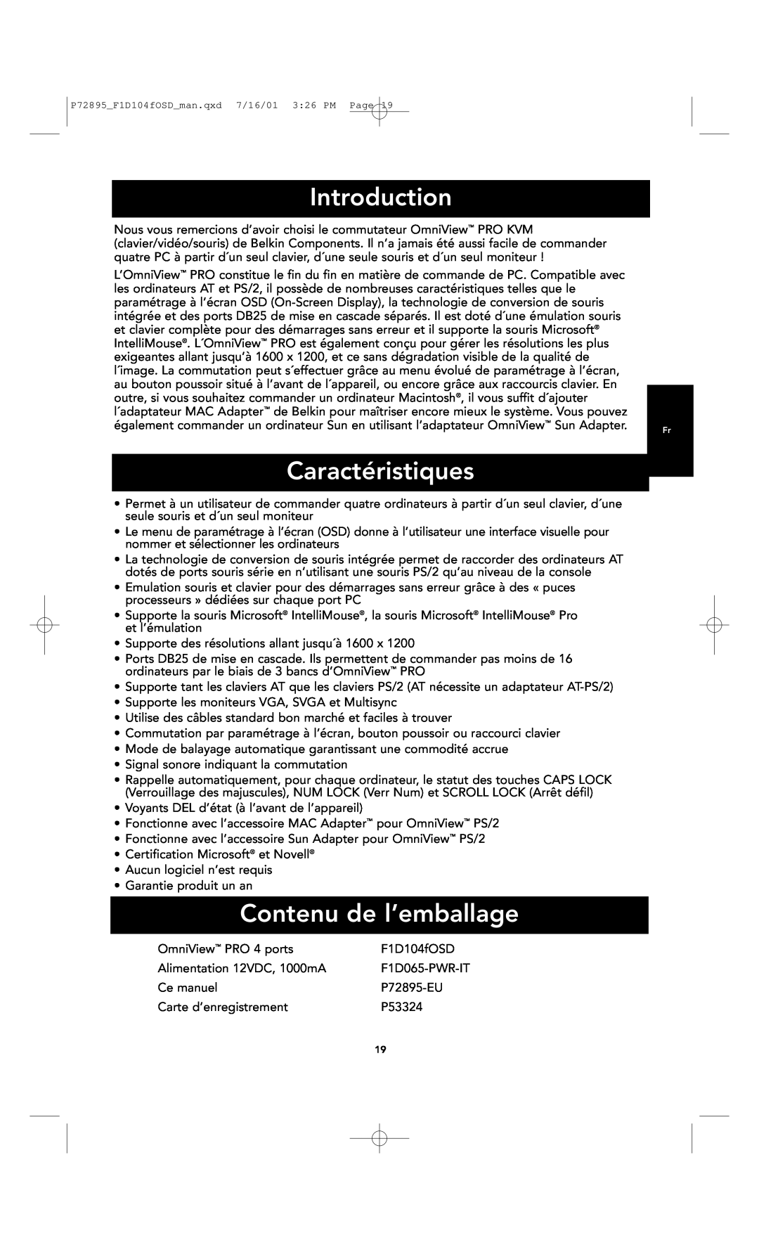 Belkin F1D104-OSD Caractéristiques, Contenu de l’emballage, Introduction, P72895F1D104fOSDman.qxd 7/16/01 326 PM Page 
