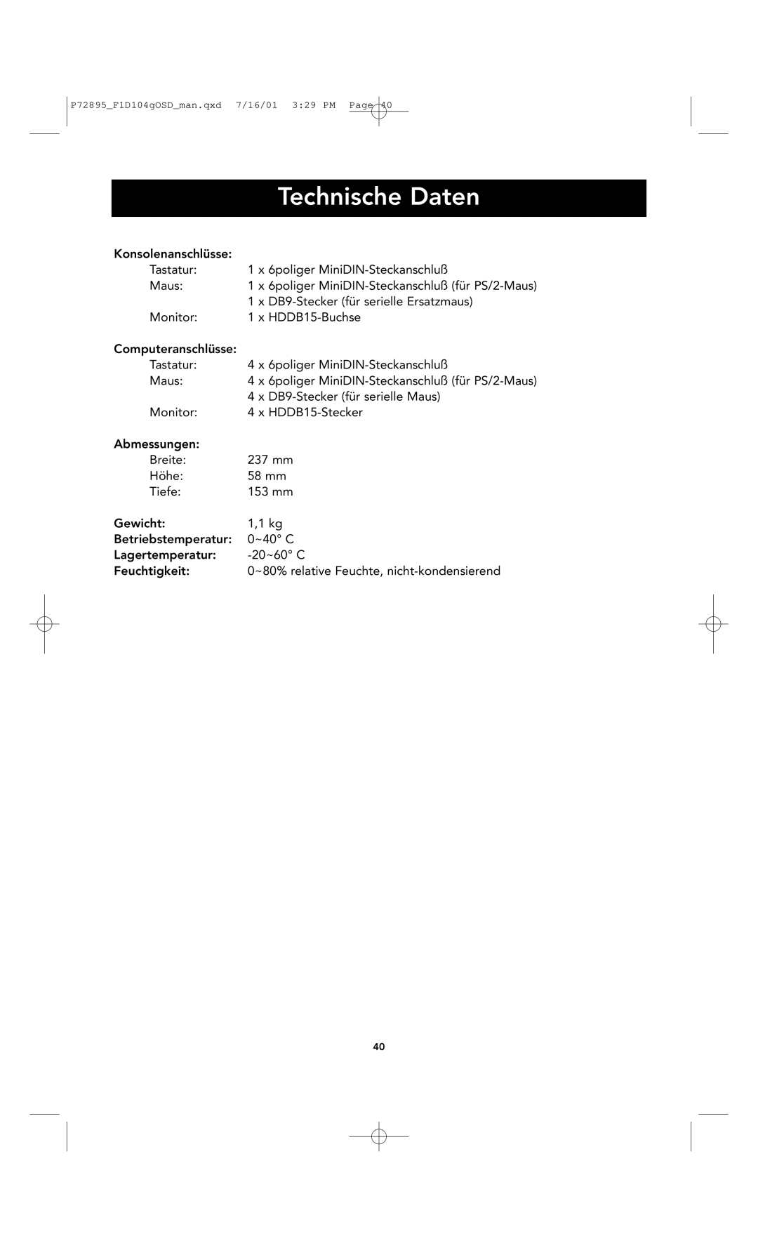 Belkin F1D104-OSD user manual Technische Daten 