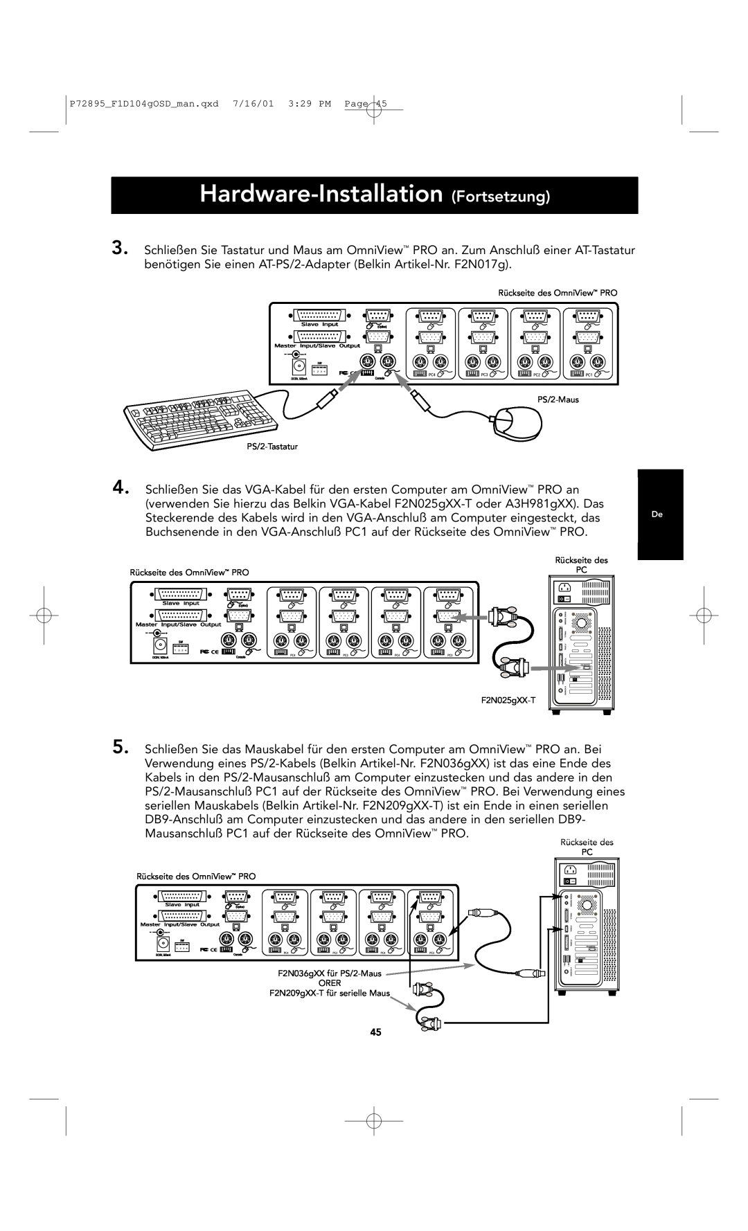 Belkin F1D104-OSD Hardware-Installation Fortsetzung, Rückseite des OmniView PRO PS/2-Maus PS/2-Tastatur, F2N025gXX-T 