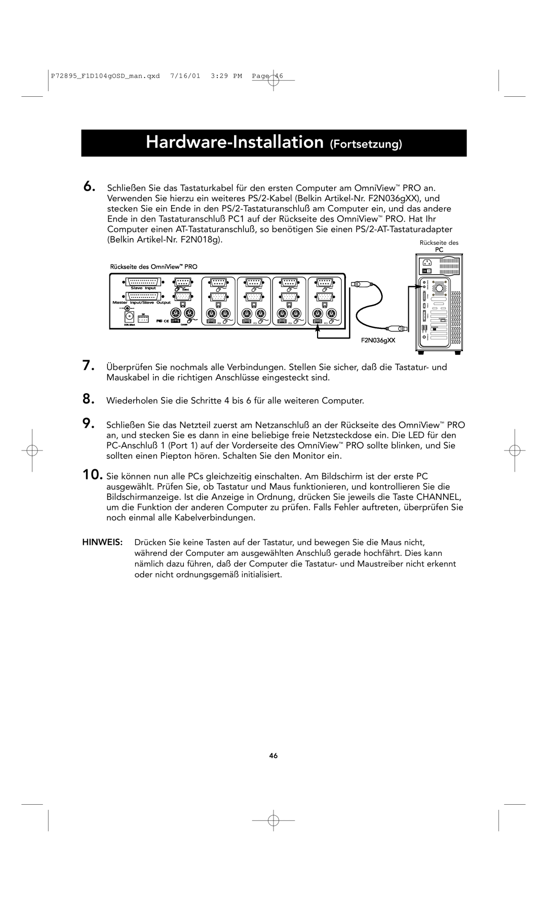 Belkin F1D104-OSD user manual Hardware-Installation Fortsetzung, Rückseite des OmniView PRO F2N036gXX 