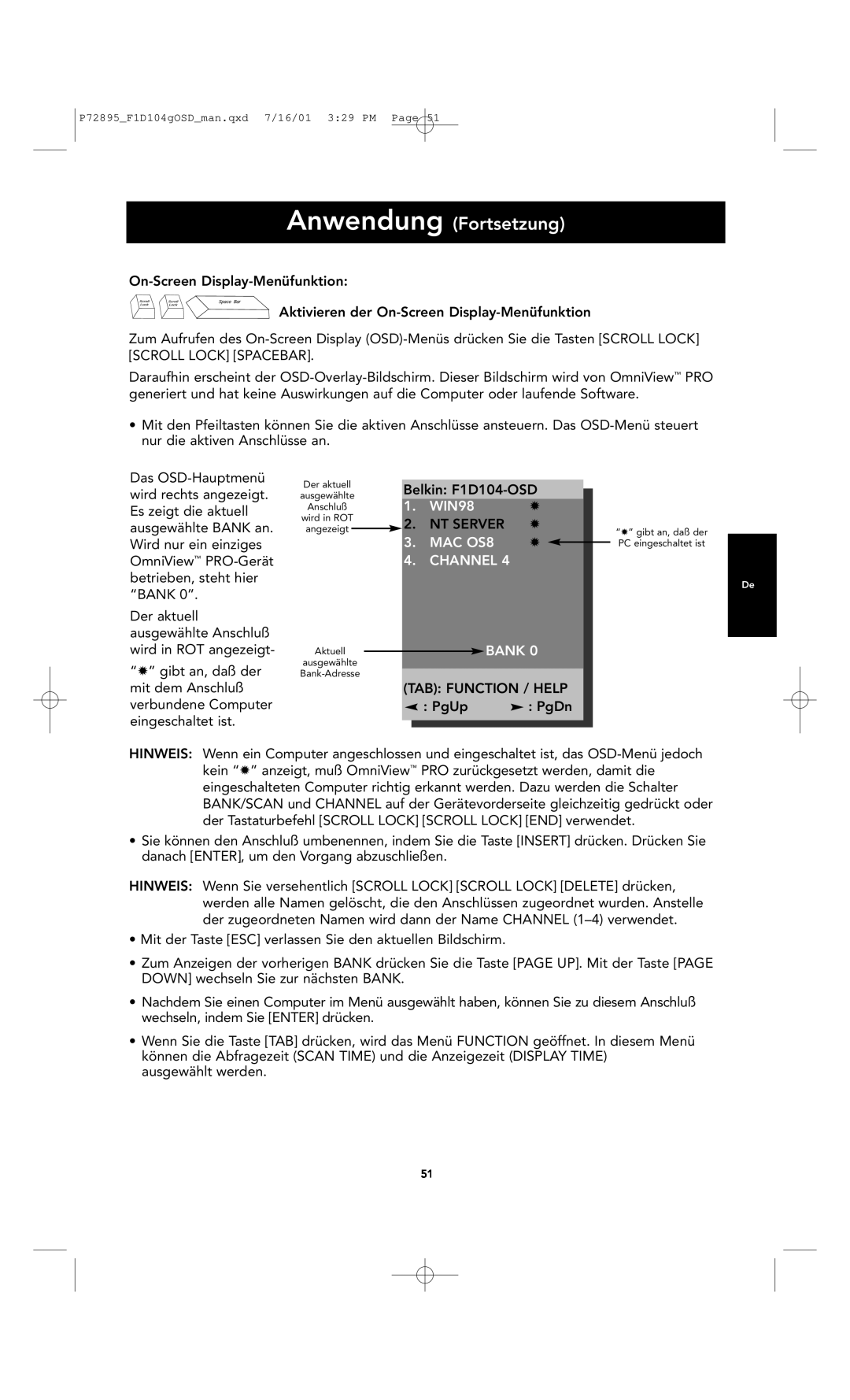 Belkin F1D104-OSD user manual Anwendung Fortsetzung, WIN98, MAC OS8, Channel, Bank 