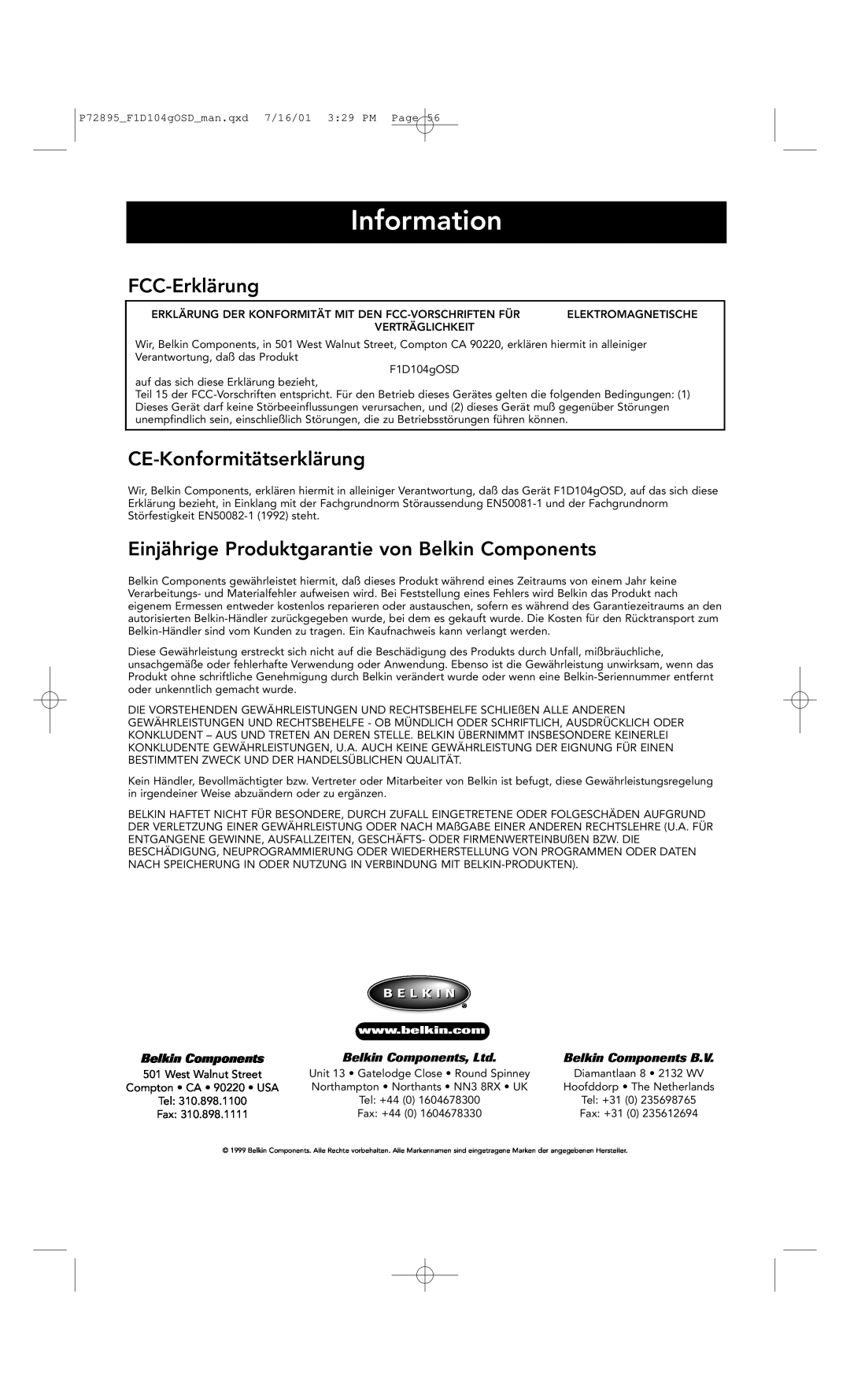 Belkin F1D104-OSD FCC-Erklärung, CE-Konformitätserklärung, Einjährige Produktgarantie von Belkin Components, Information 