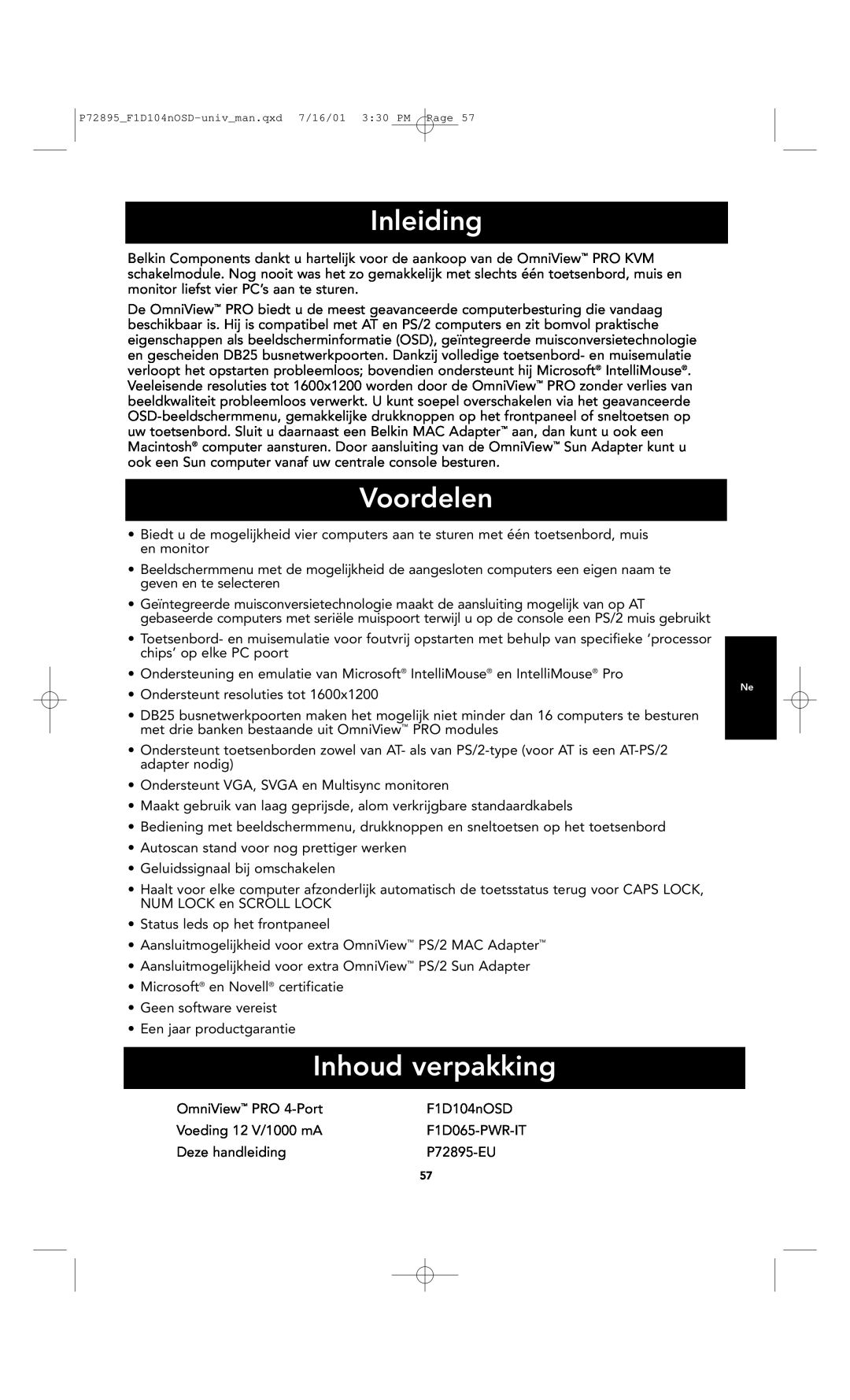 Belkin F1D104-OSD user manual Inleiding, Voordelen, Inhoud verpakking, P72895F1D104nOSD-univman.qxd 7/16/01 330 PM Page 