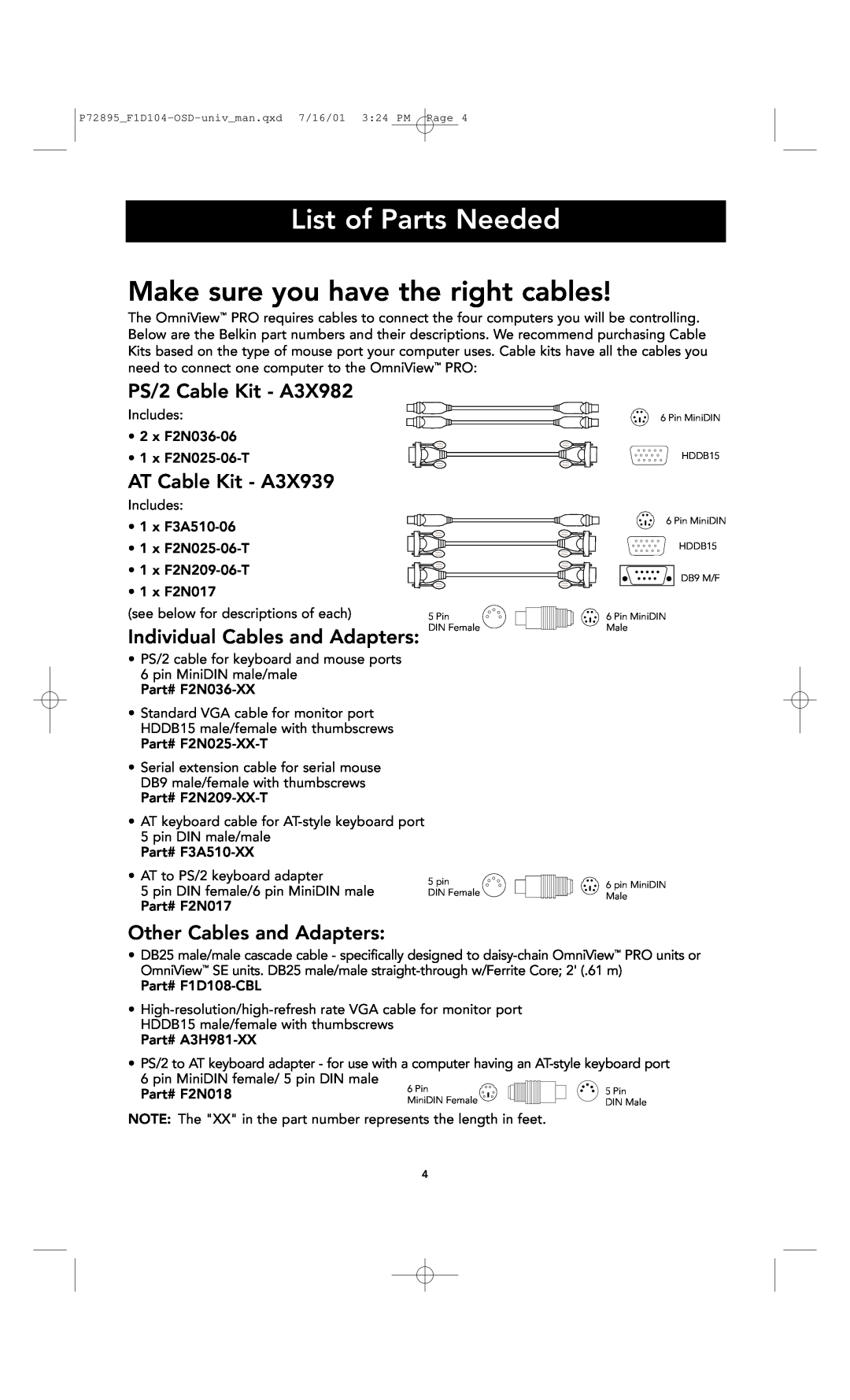 Belkin F1D104-OSD user manual List of Parts Needed, Make sure you have the right cables, PS/2 Cable Kit - A3X982 
