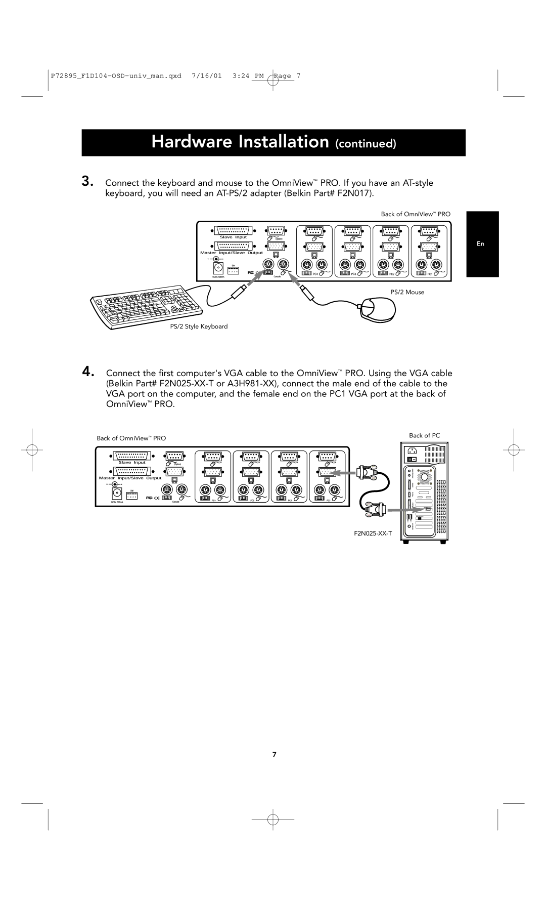 Belkin F1D104-OSD user manual Back of OmniView PRO PS/2 Mouse PS/2 Style Keyboard 