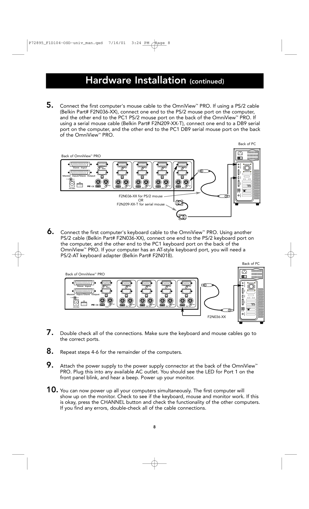 Belkin F1D104-OSD user manual Back of PC Back of OmniView PRO F2N036-XX 