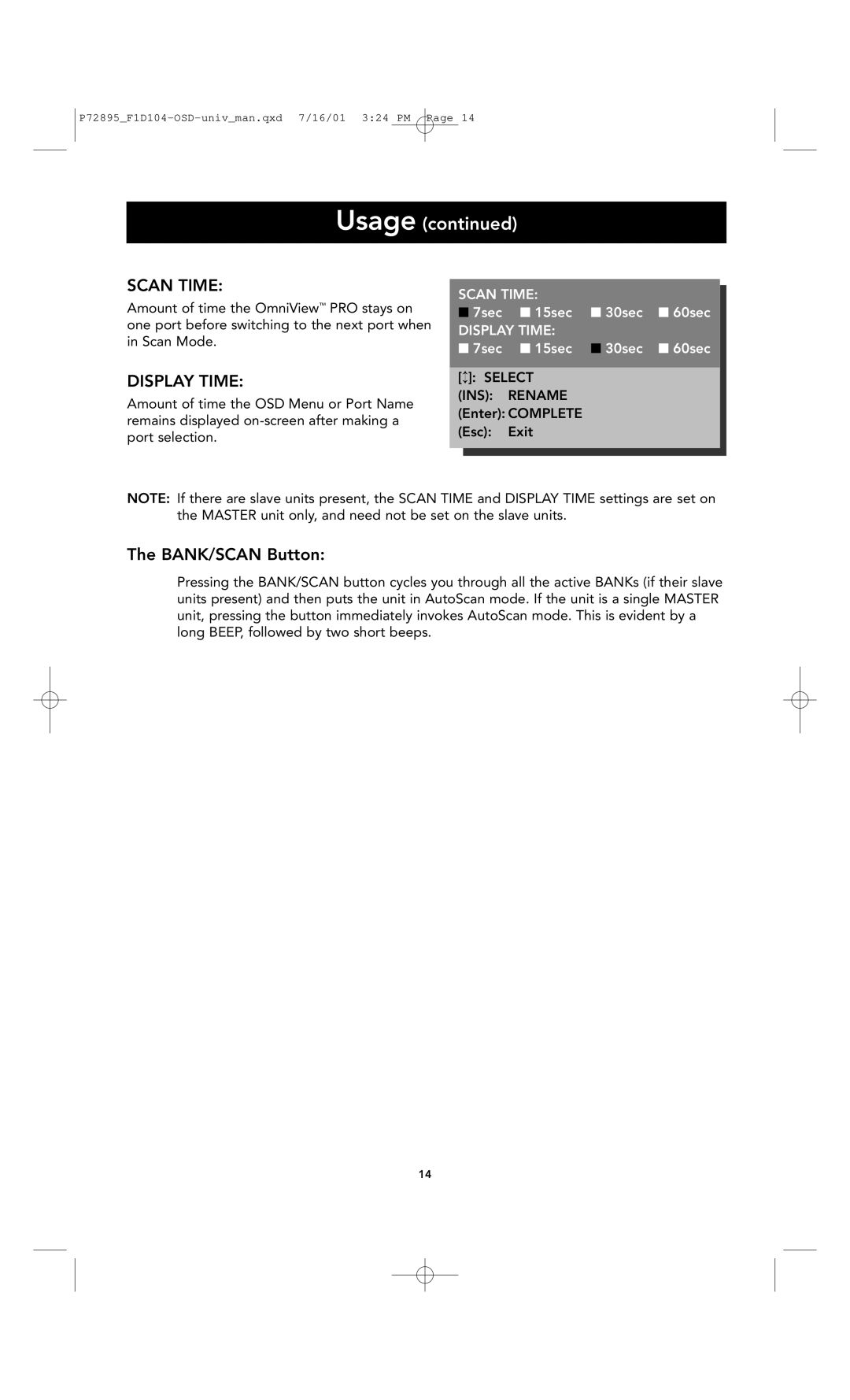 Belkin F1D104-OSD user manual Scan Time, Display Time, BANK/SCAN Button 