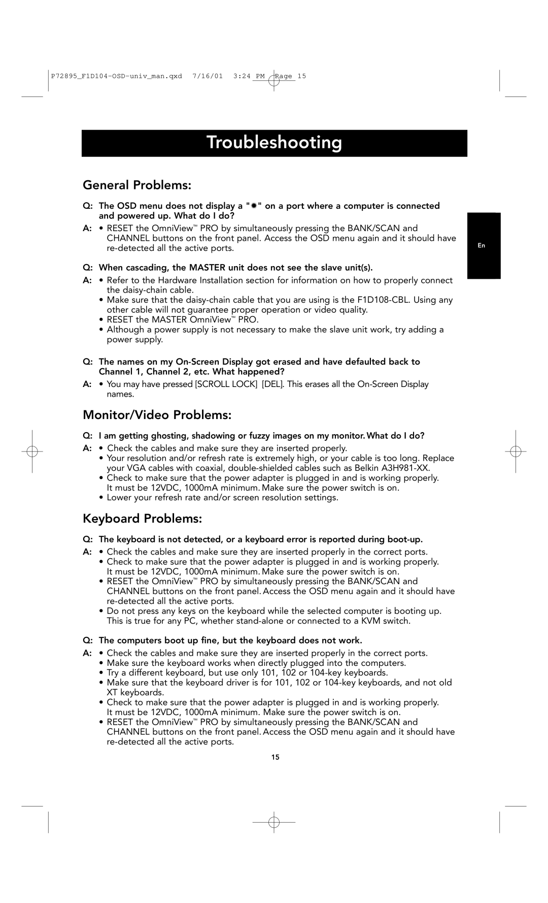 Belkin F1D104-OSD user manual Troubleshooting, General Problems, Monitor/Video Problems, Keyboard Problems 