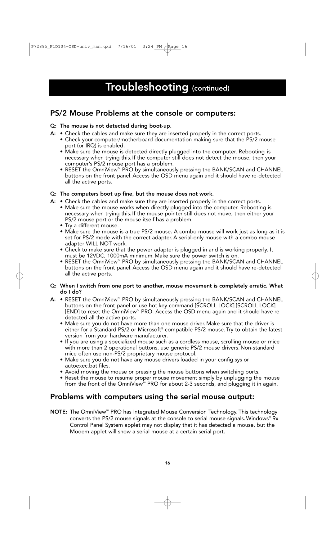 Belkin F1D104-OSD PS/2 Mouse Problems at the console or computers, Problems with computers using the serial mouse output 