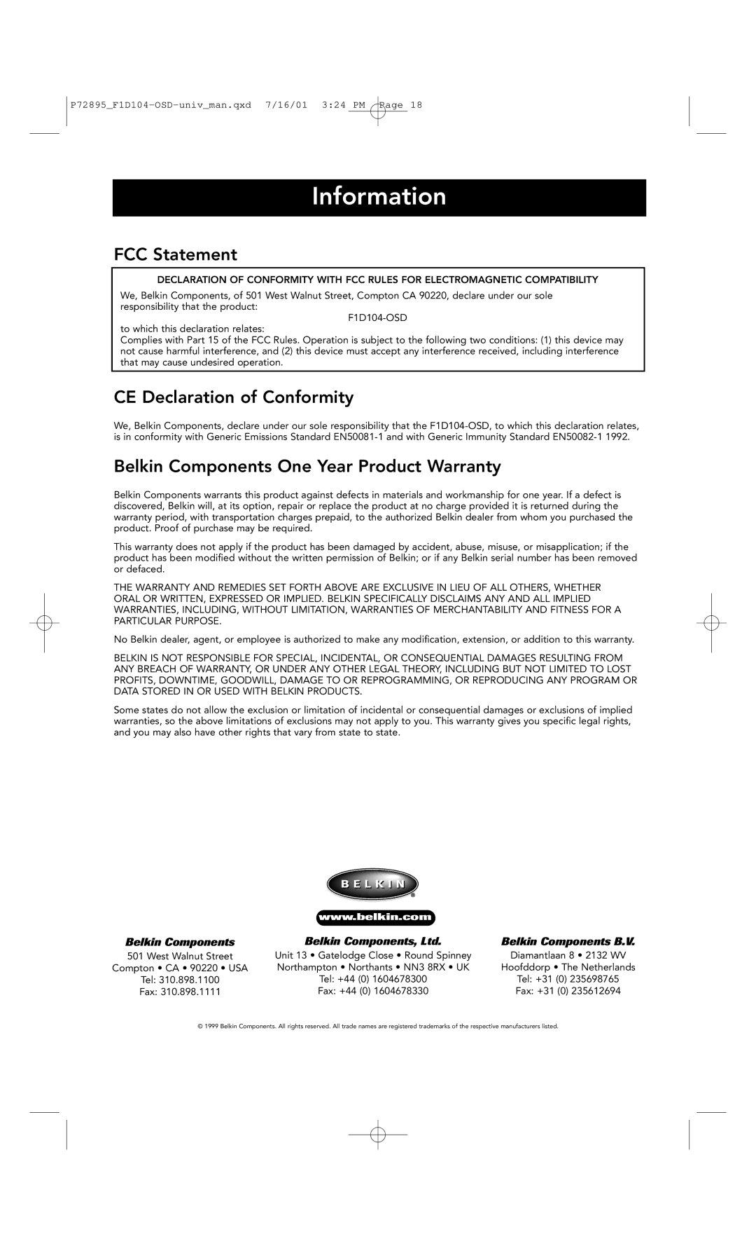 Belkin F1D104-OSD Information, FCC Statement, CE Declaration of Conformity, Belkin Components One Year Product Warranty 