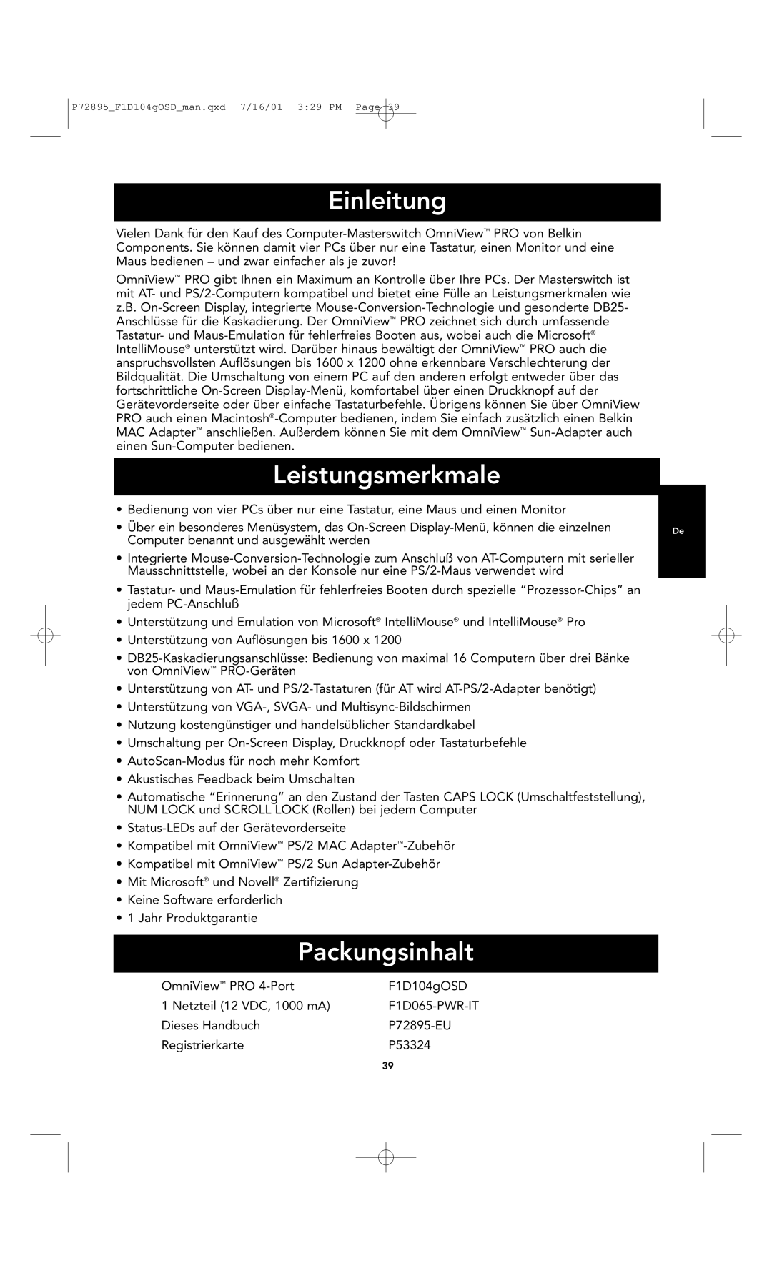 Belkin F1D104-OSD user manual Einleitung, Leistungsmerkmale, Packungsinhalt 