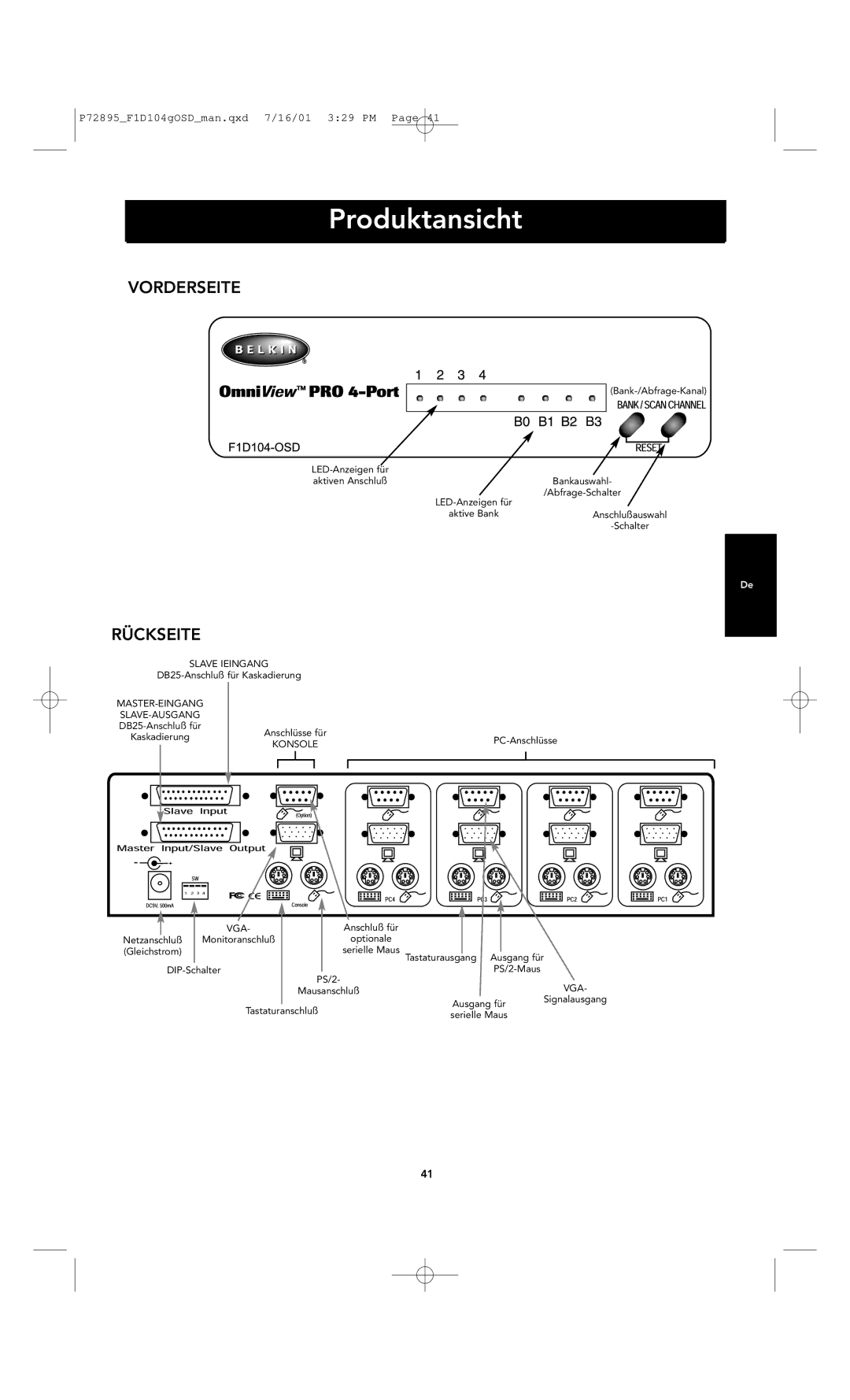 Belkin F1D104-OSD user manual Produktansicht, Vorderseite, Rückseite 