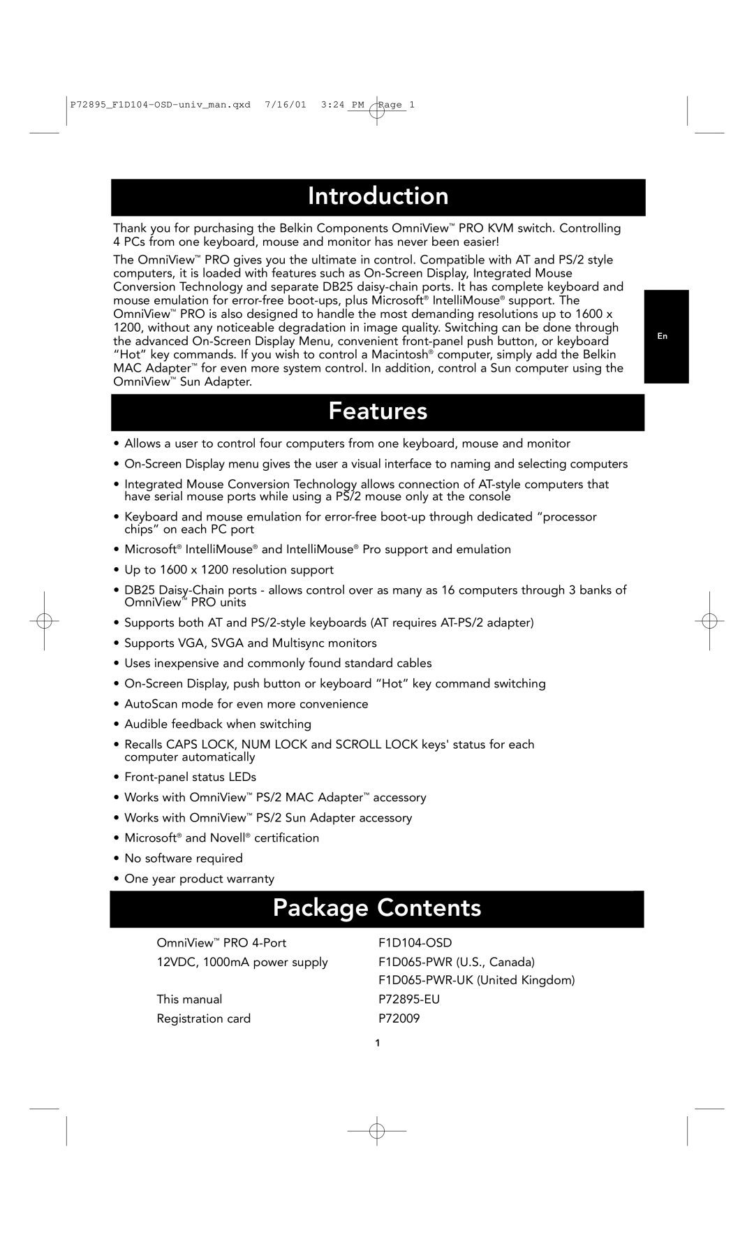 Belkin F1D104-OSD user manual Introduction, Features, Package Contents 