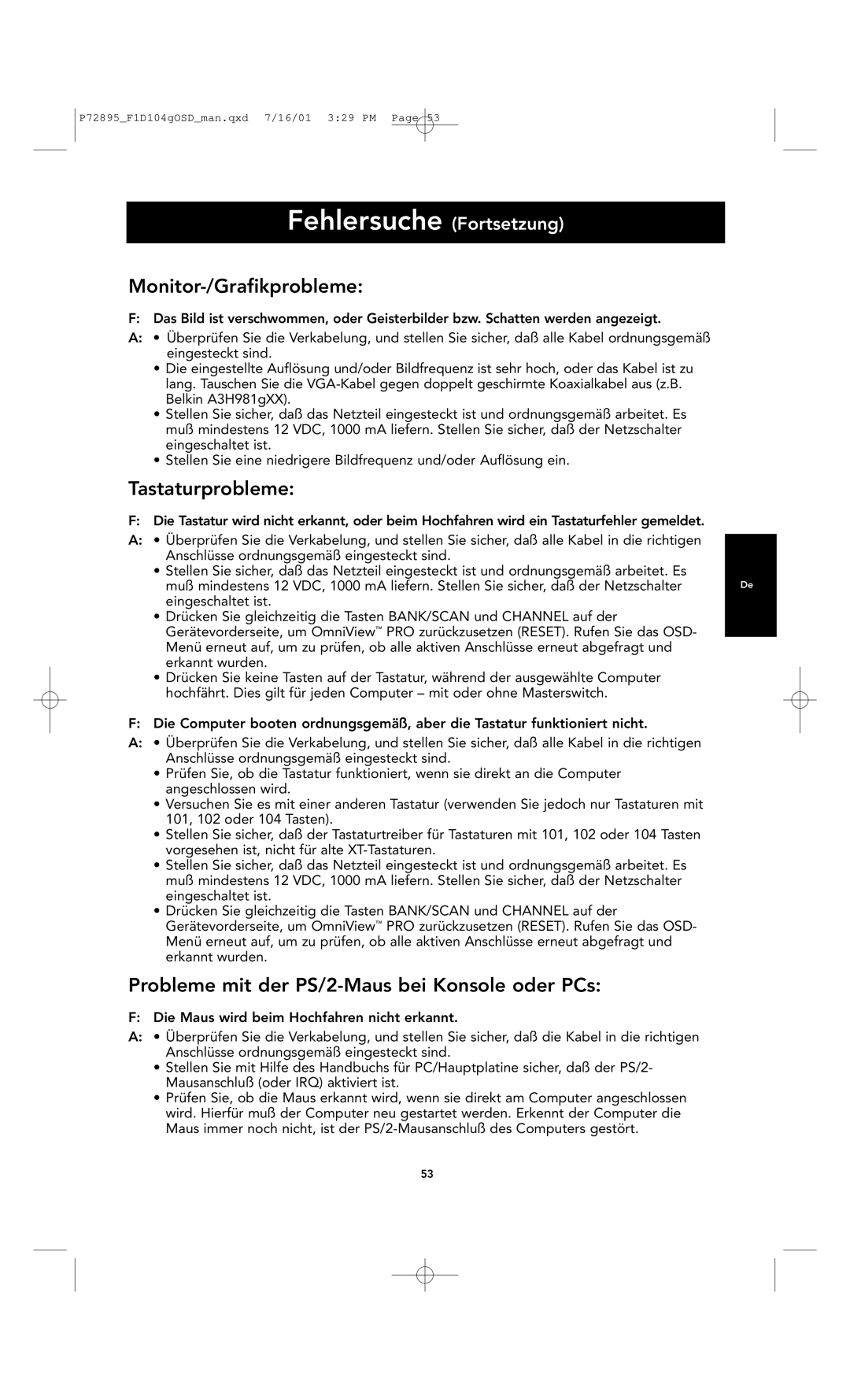 Belkin F1D104-OSD user manual Monitor-/Grafikprobleme, Tastaturprobleme, Probleme mit der PS/2-Maus bei Konsole oder PCs 