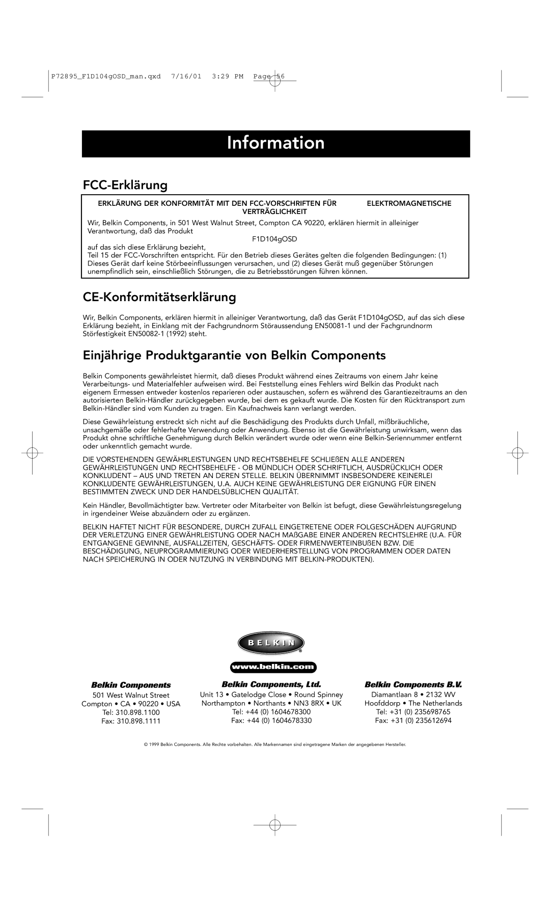 Belkin F1D104-OSD user manual FCC-Erklärung, CE-Konformitätserklärung, Einjährige Produktgarantie von Belkin Components 