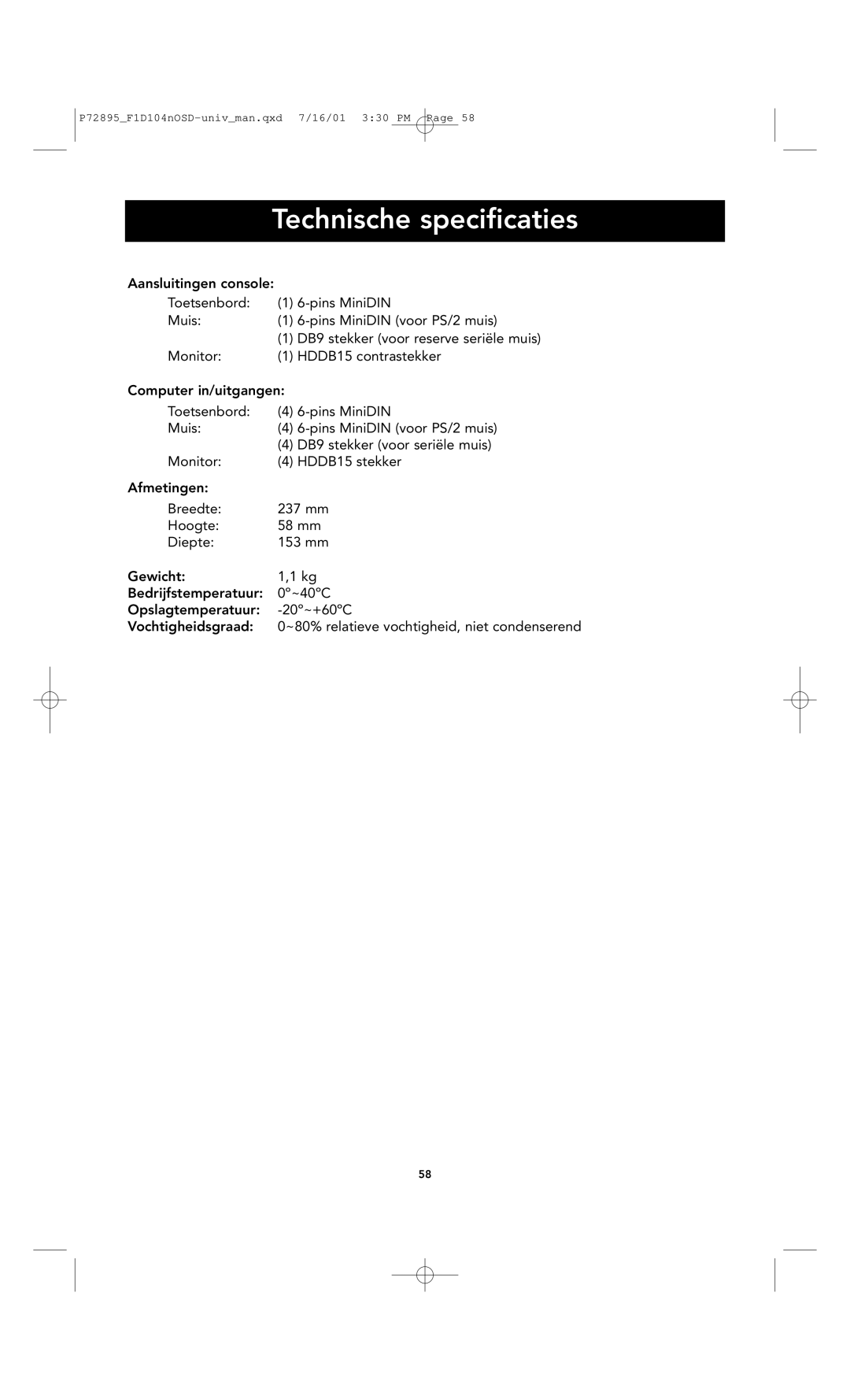 Belkin F1D104-OSD user manual Technische specificaties 