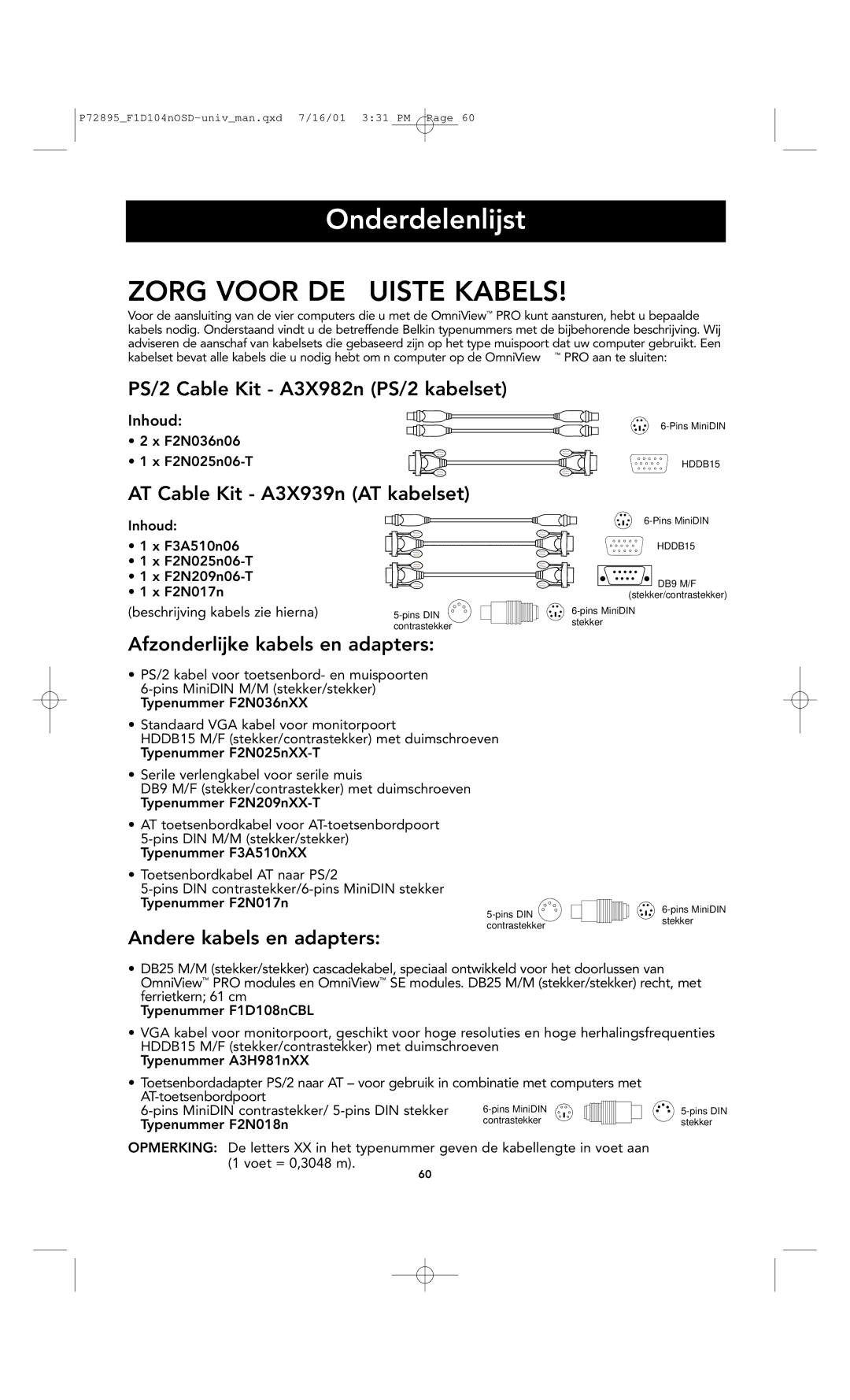 Belkin F1D104-OSD user manual Onderdelenlijst, PS/2 Cable Kit A3X982n PS/2 kabelset, AT Cable Kit A3X939n AT kabelset 