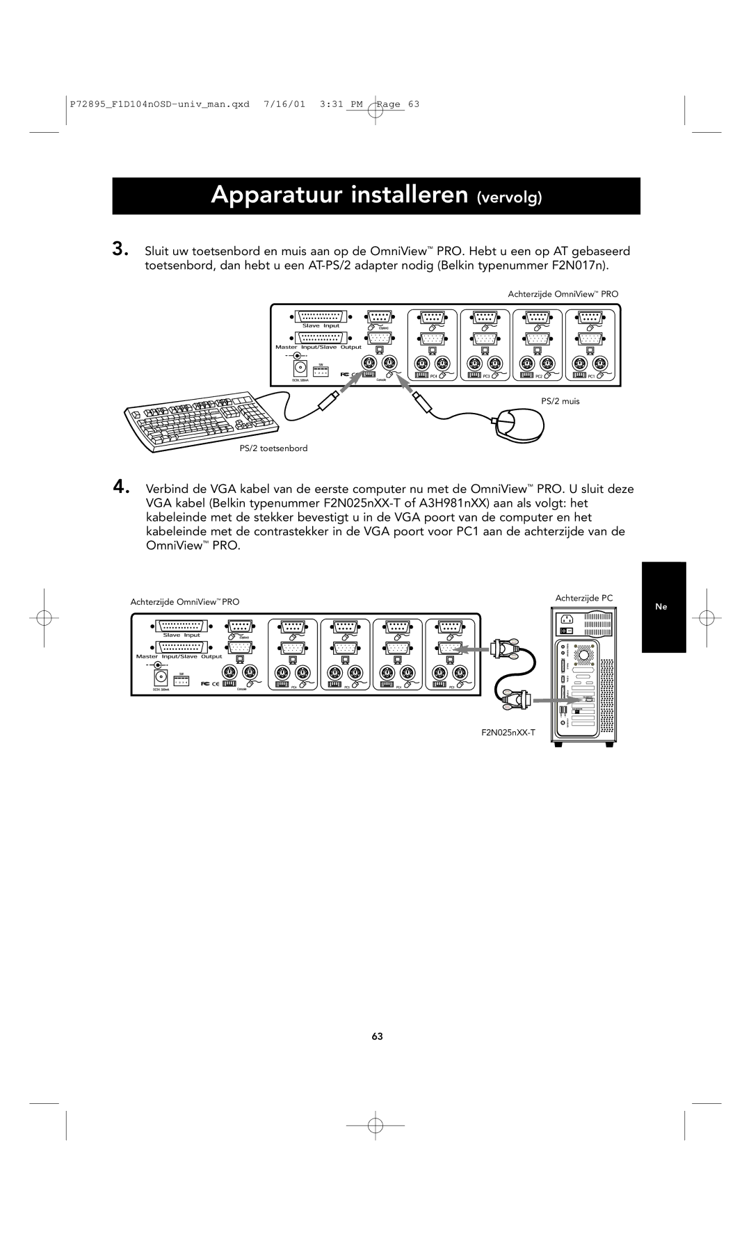 Belkin F1D104-OSD user manual Achterzijde OmniView PRO PS/2 muis PS/2 toetsenbord 