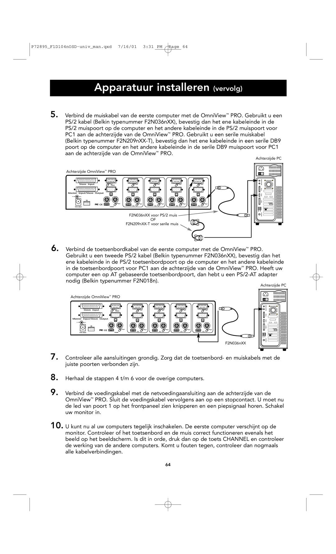 Belkin F1D104-OSD user manual Achterzijde PC Achterzijde OmniView PRO F2N036nXX 