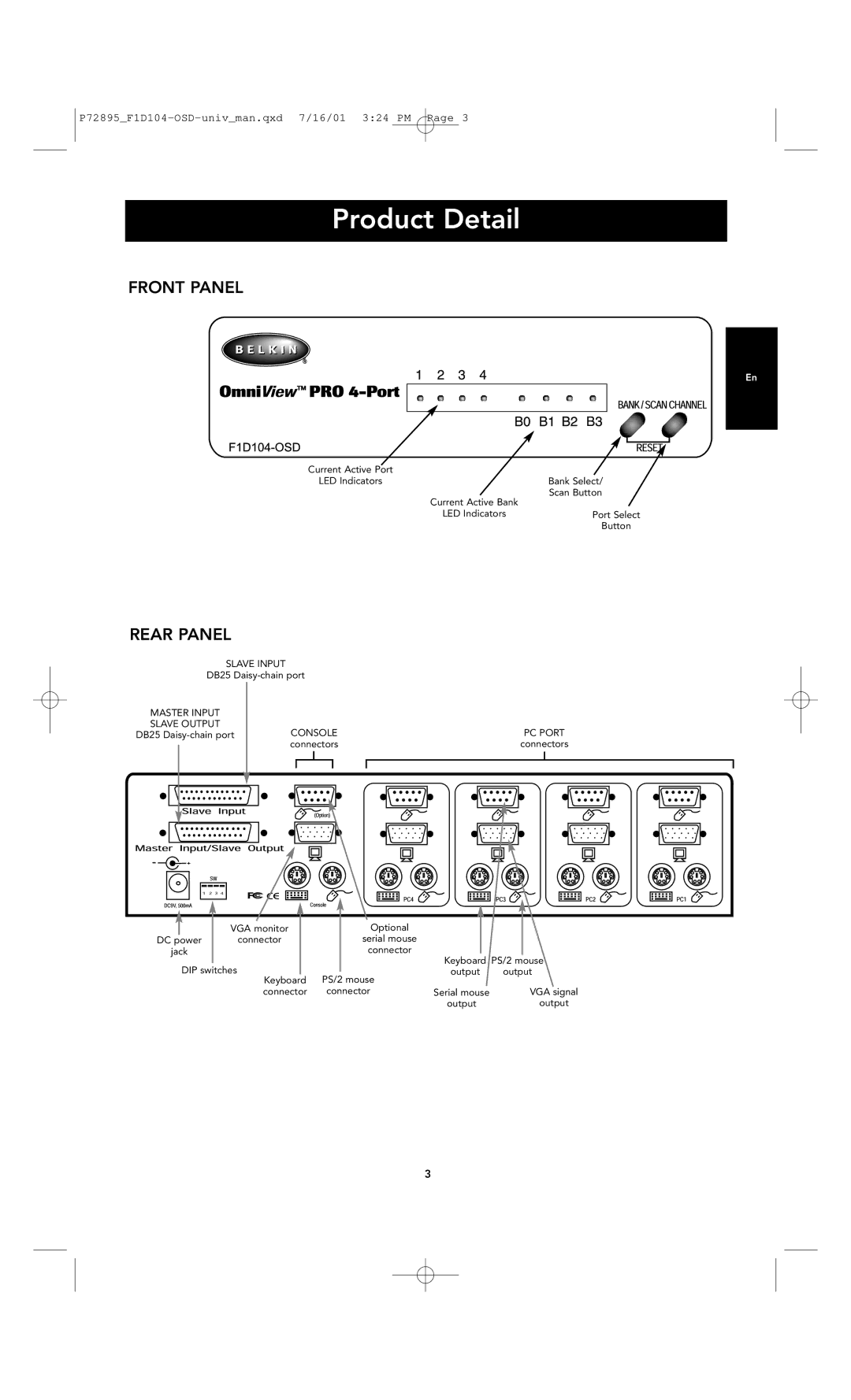 Belkin F1D104-OSD user manual Product Detail, Front Panel, Rear Panel 